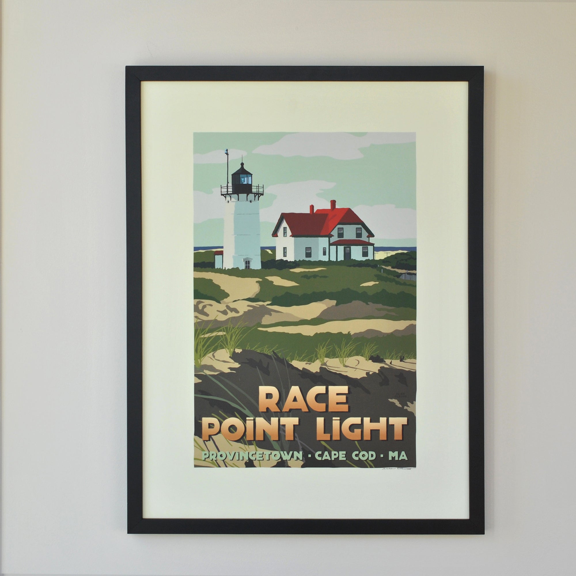Race Point Light Art Print 18" x 24" Framed Travel Poster By Alan Claude - Massachusetts
