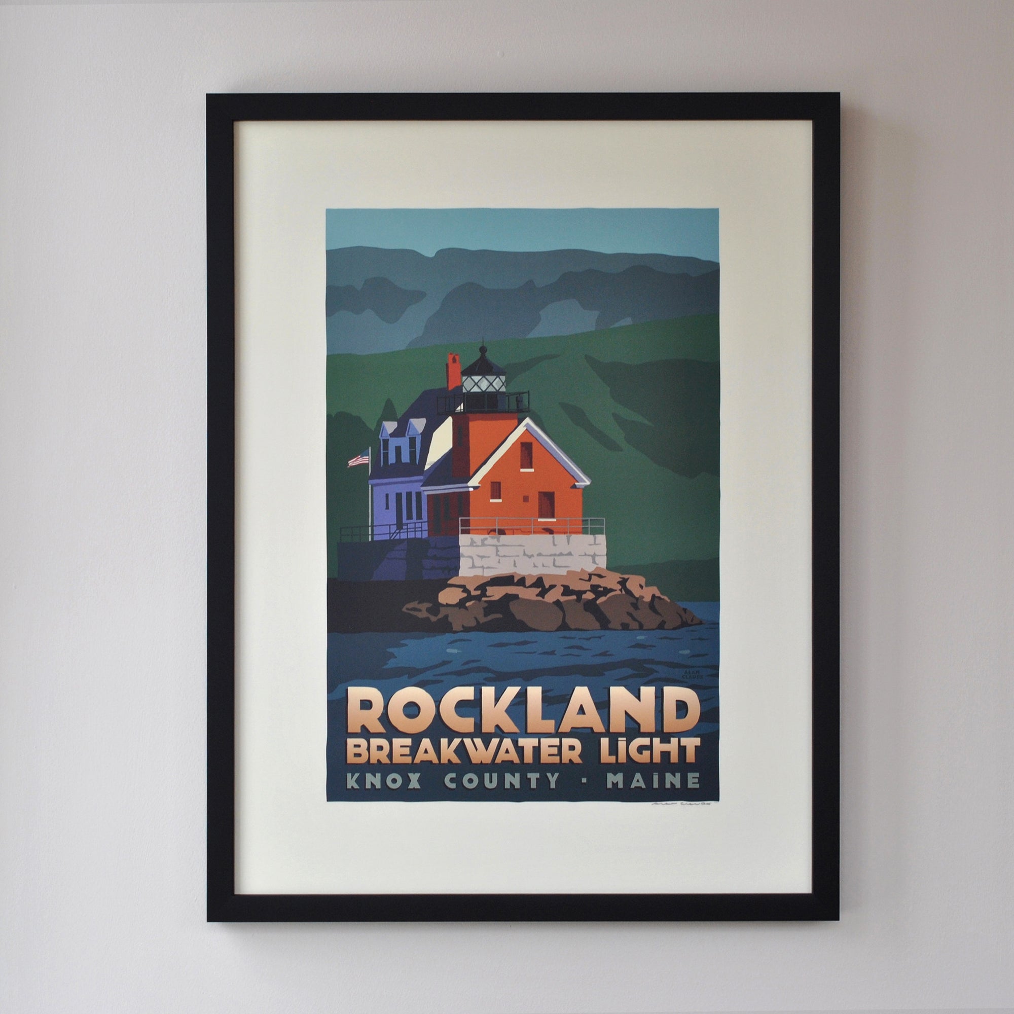 Rockland Breakwater Light Art Print 18" x 24" Framed Travel Poster By Alan Claude - Maine