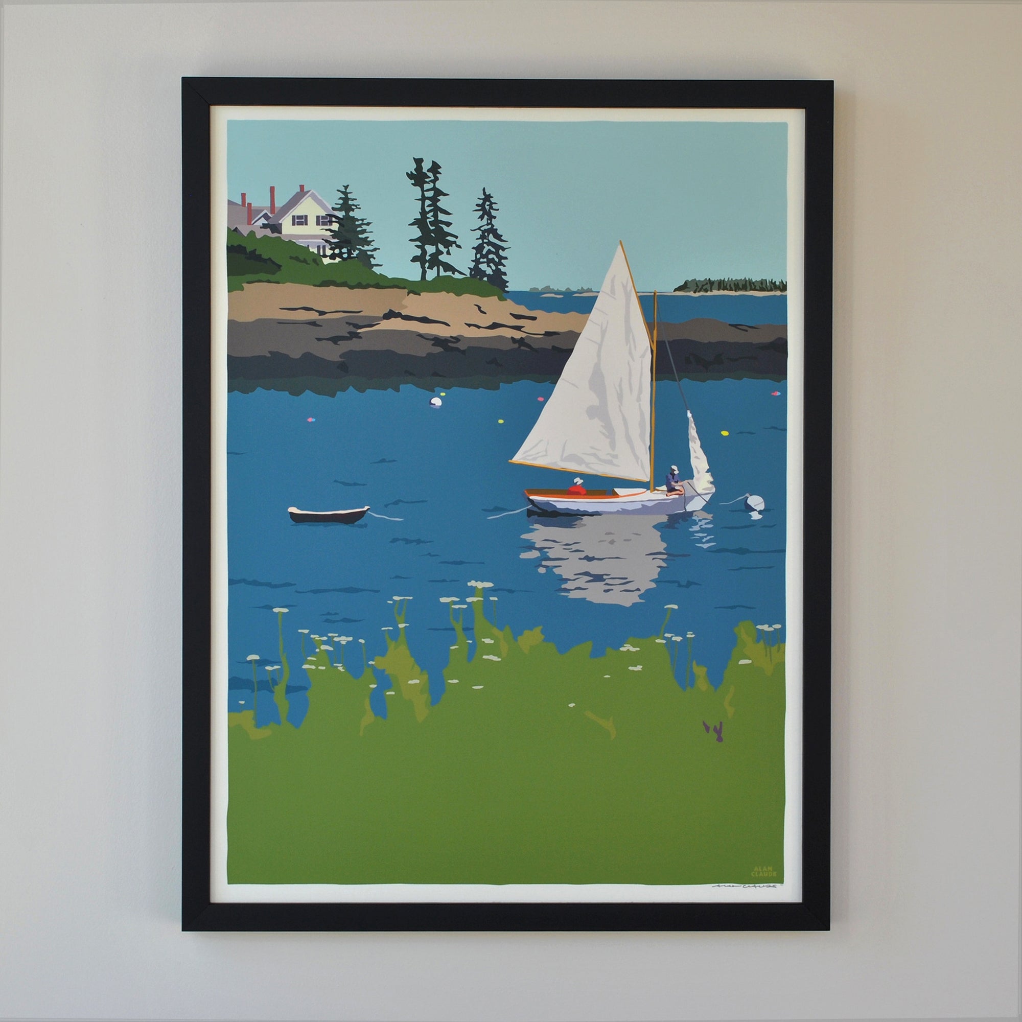 Sailing Long Cove Art Print 18" x 24" Framed Wall Poster By Alan Claude - Maine