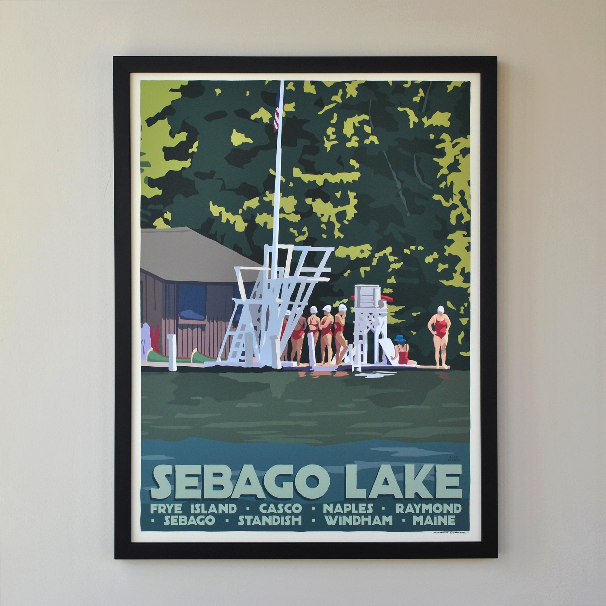 Sebago Lake Swimmers Art Print 18" x 24" Vertical Framed Travel Poster By Alan Claude - Maine