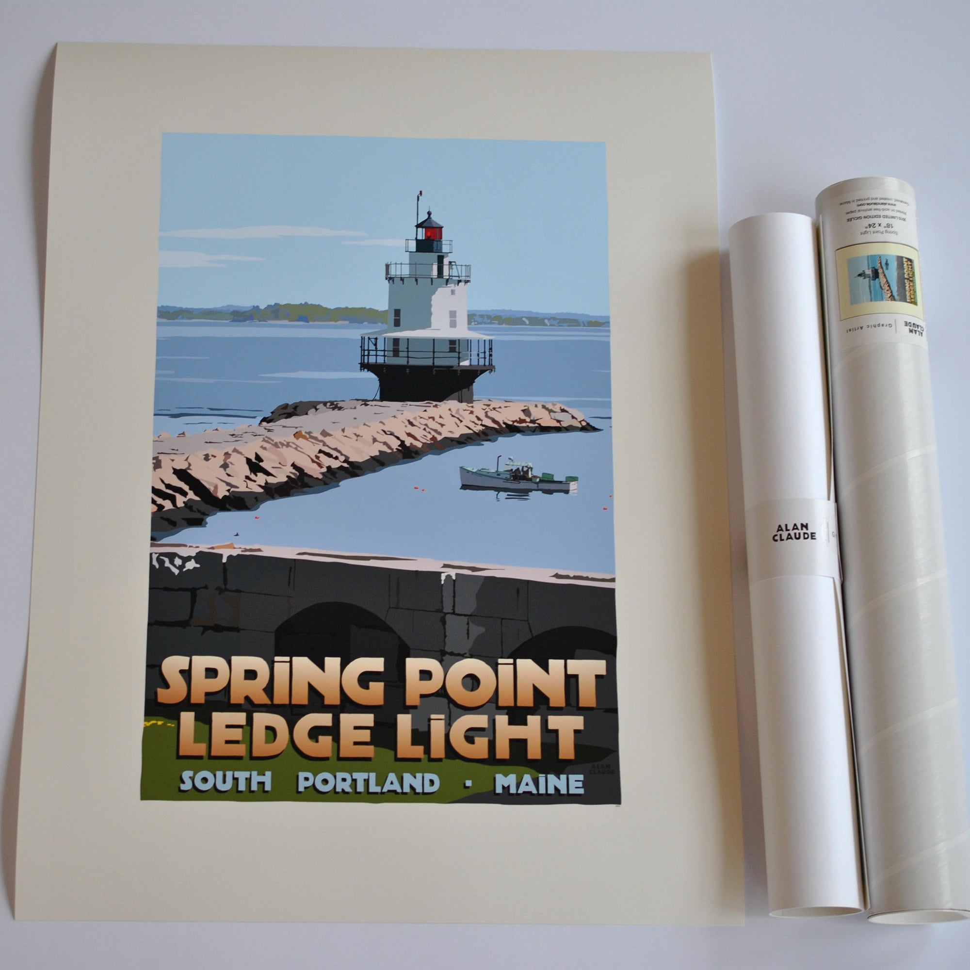 Spring Point Ledge Light Art Print 18" x 24" Travel Poster By Alan Claude - Maine