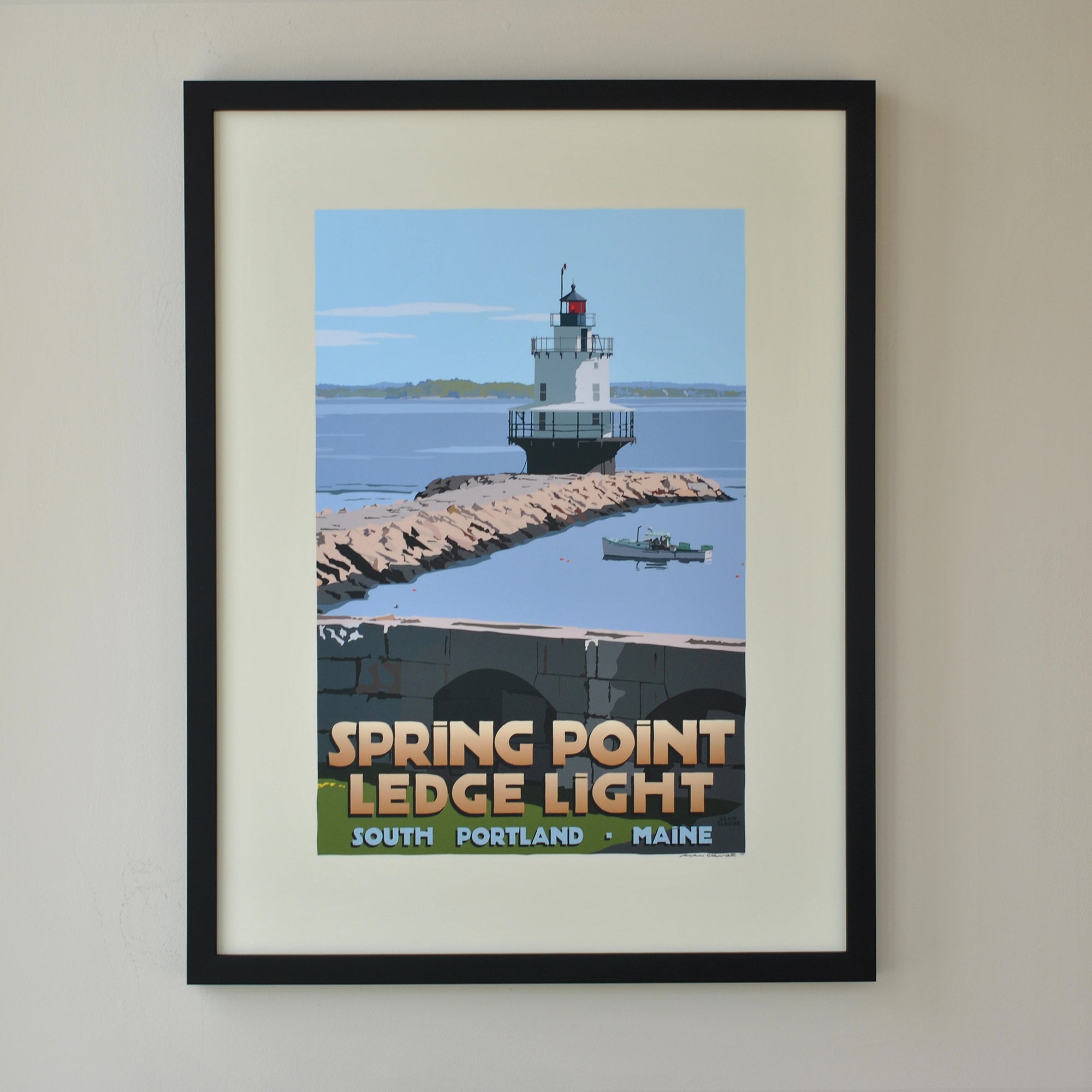 Spring Point Ledge Light Art Print 18" x 24" Framed Travel Poster By Alan Claude - Maine