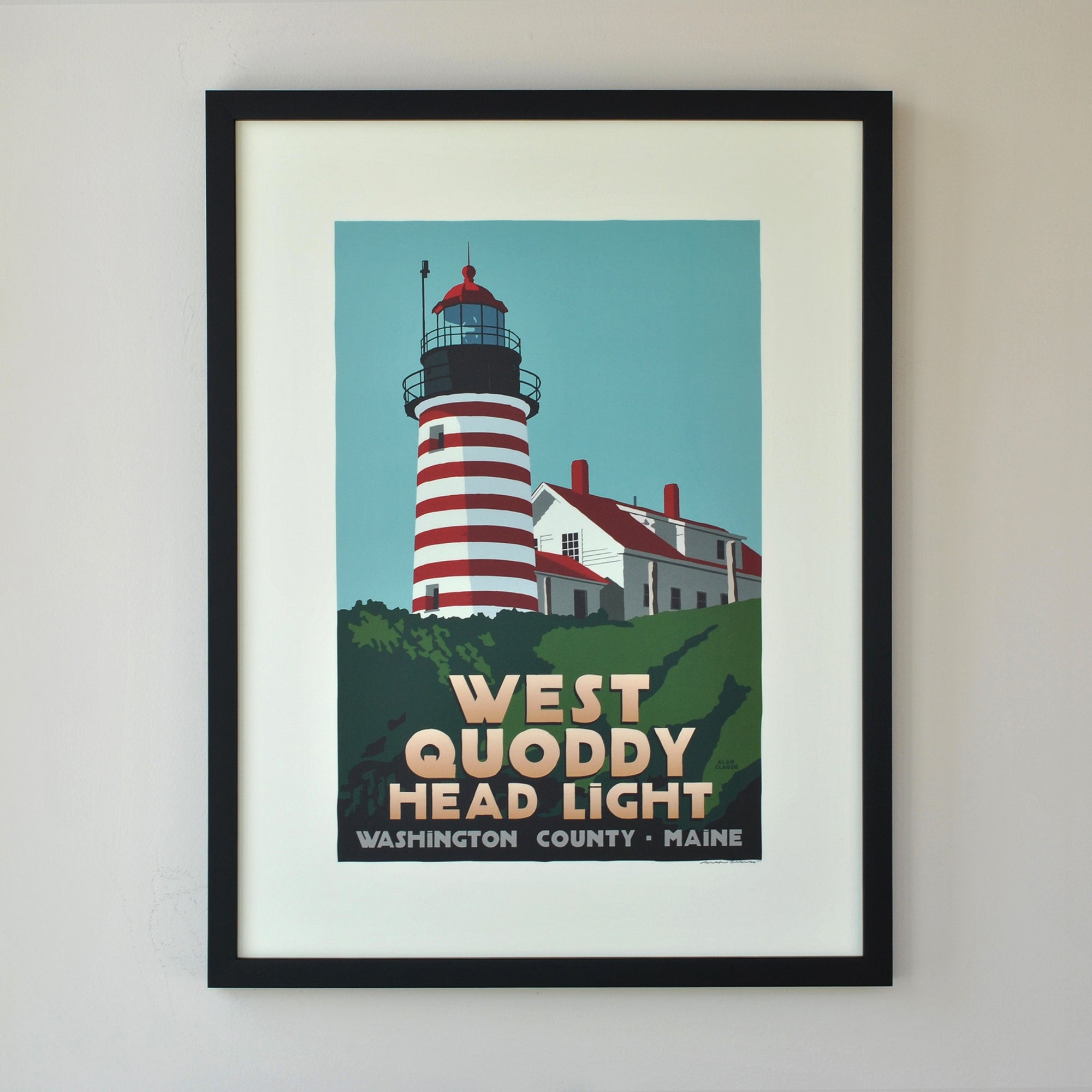 West Quoddy Head Light Art Print 18" x 24" Framed Travel Poster By Alan Claude - Maine
