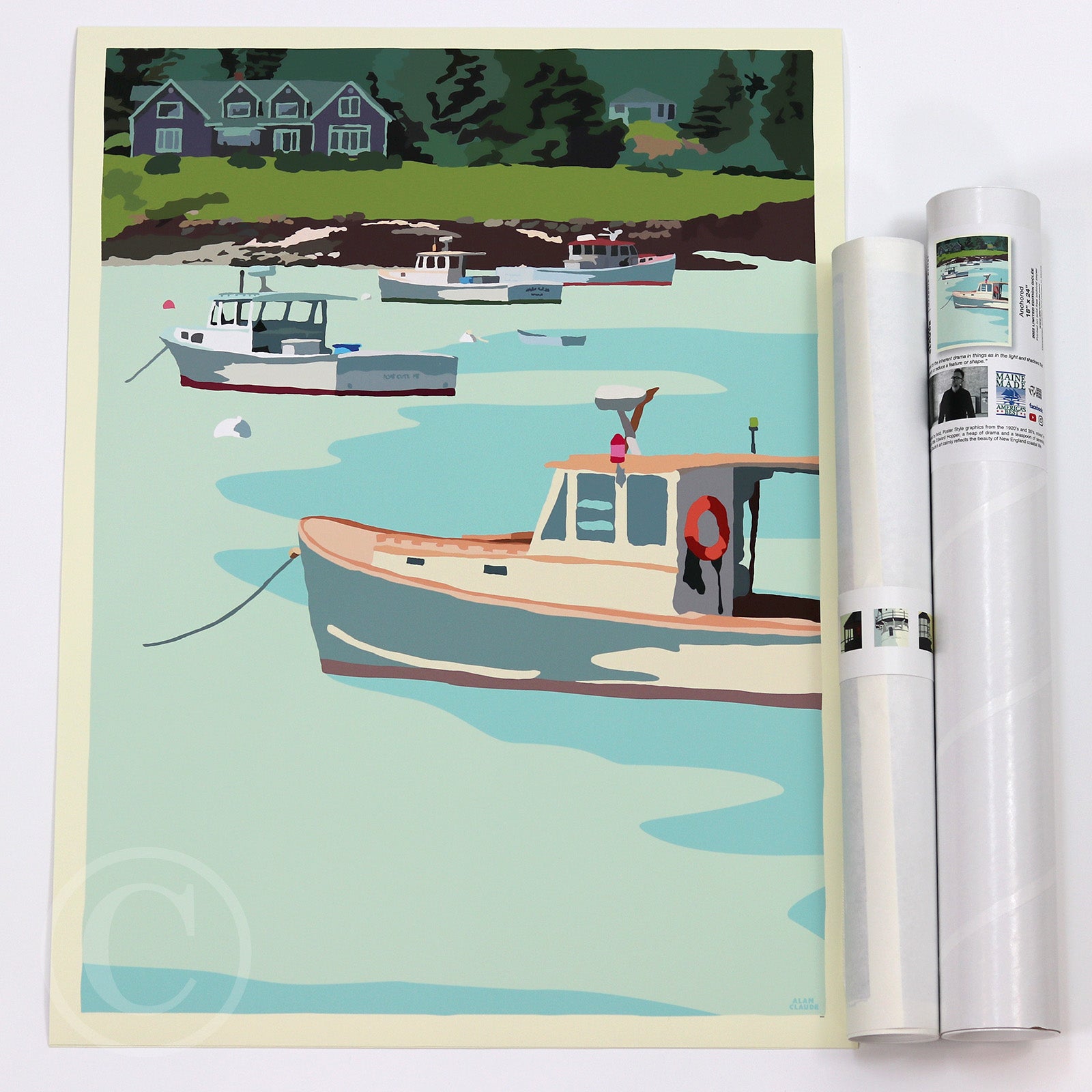 Anchored Art Print 18" x 24" Wall Poster By Alan Claude - Maine