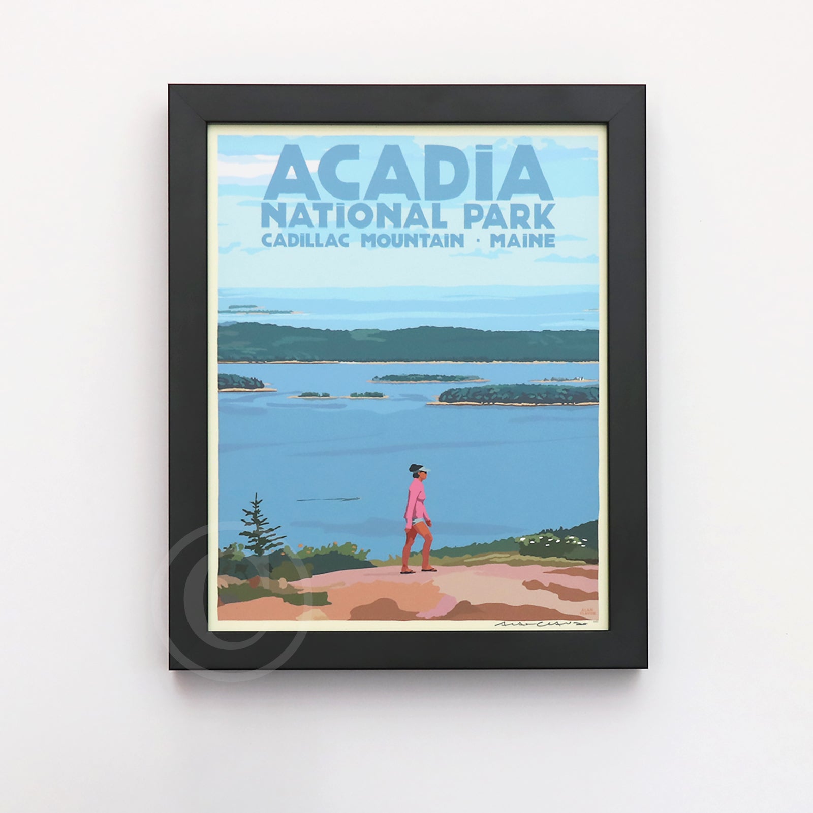 Bec's Walk on Cadillac Mountain Art Print 8" x 10" Framed Travel Poster By Alan Claude - Maine