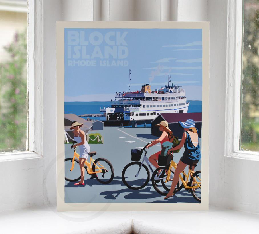 Block Island Bicycle Girls Art Print 8" x 10" Travel Poster By Alan Claude - Rhode Island