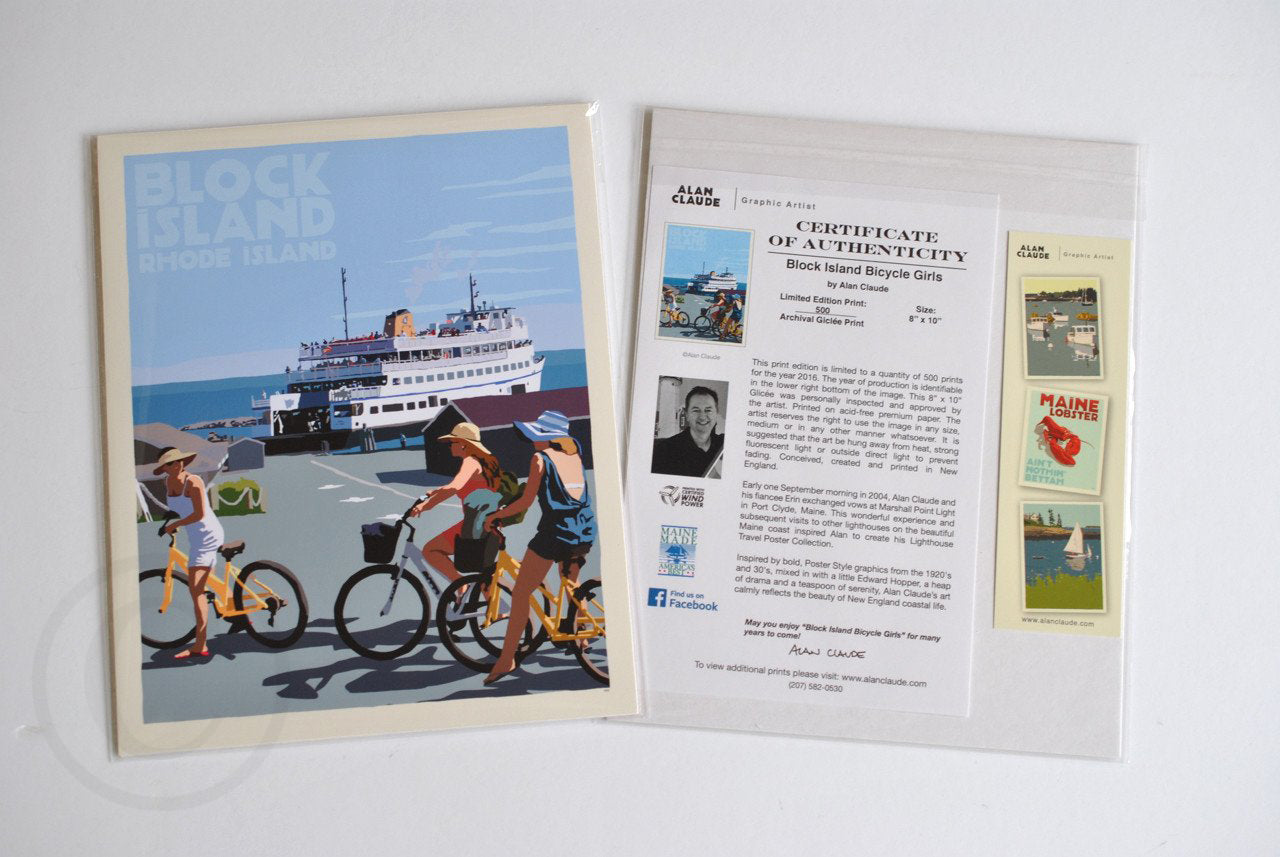 Block Island Bicycle Girls Art Print 8" x 10" Travel Poster By Alan Claude - Rhode Island