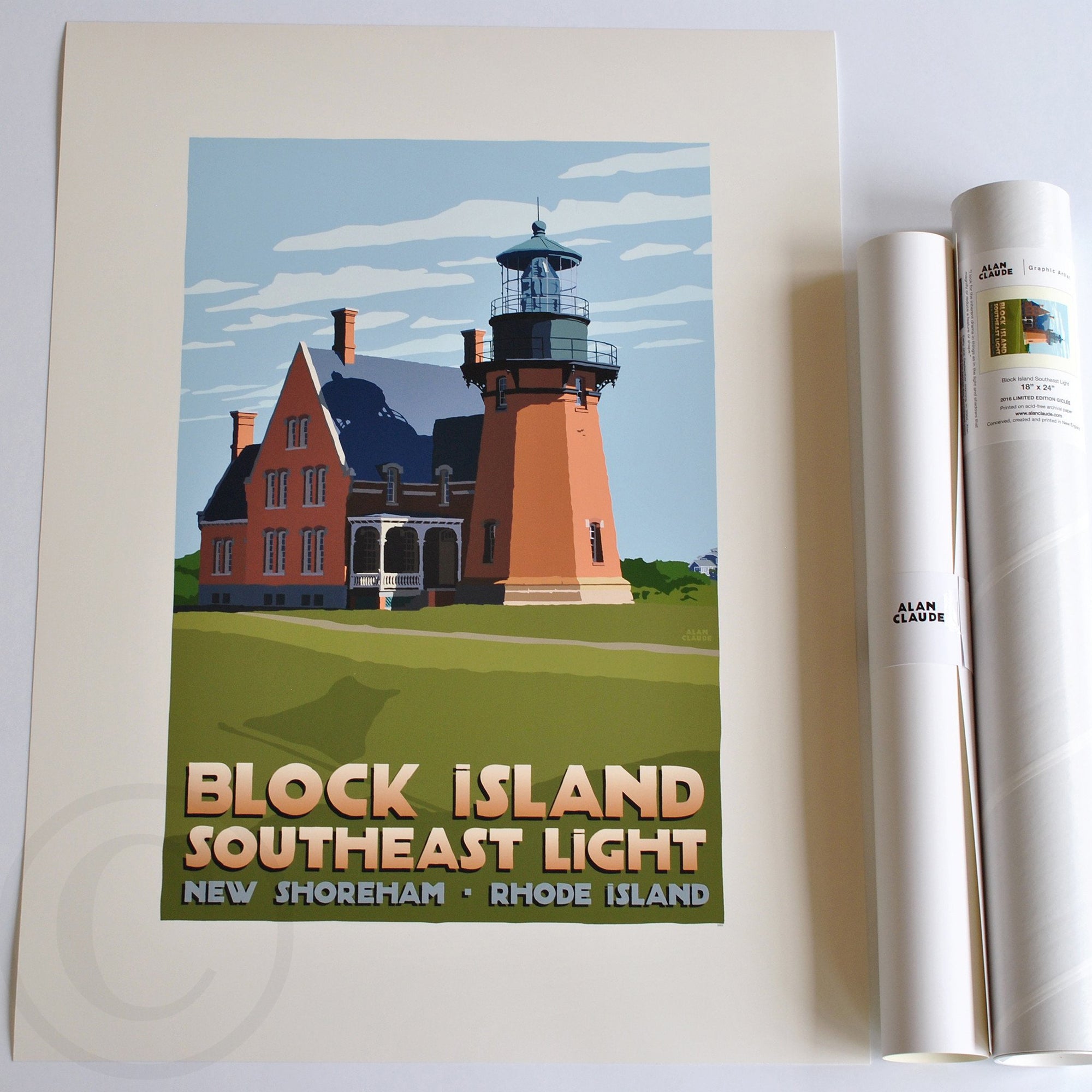 Block Island Southeast Light Art Print 18" x 24" Travel Poster By Alan Claude - Rhode Island
