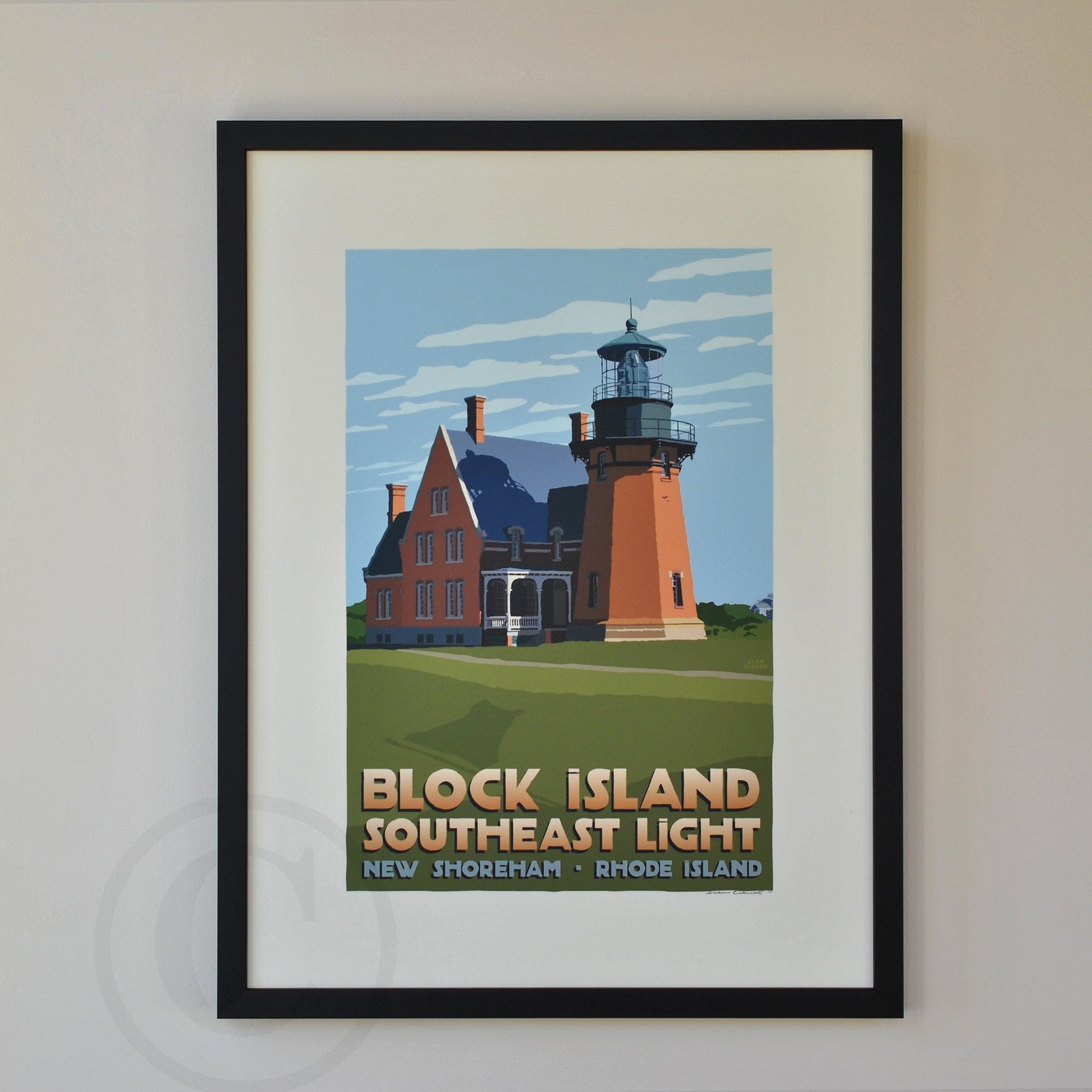 Block Island Southeast Light Art Print 18" x 24" Framed Travel Poster By Alan Claude - Rhode Island