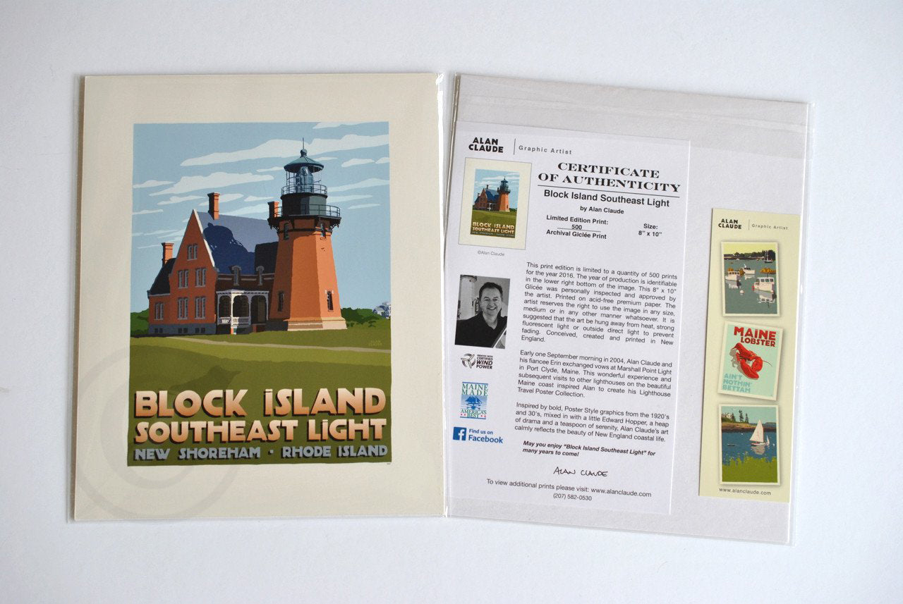 Block Island Southeast Light Art Print 8" x 10" Travel Poster By Alan Claude - Rhode Island