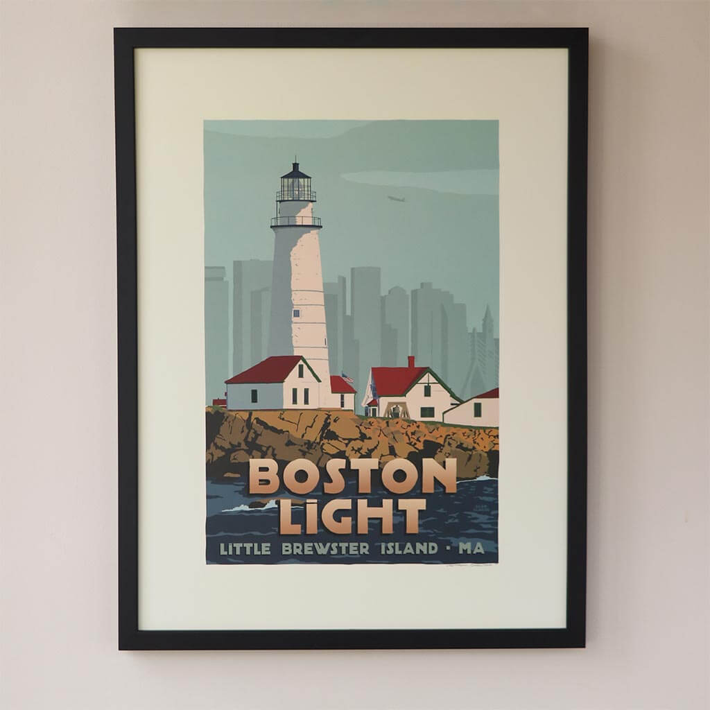 Boston Light Art Print 18" x 24" Framed Travel Poster By Alan Claude - Massachusetts