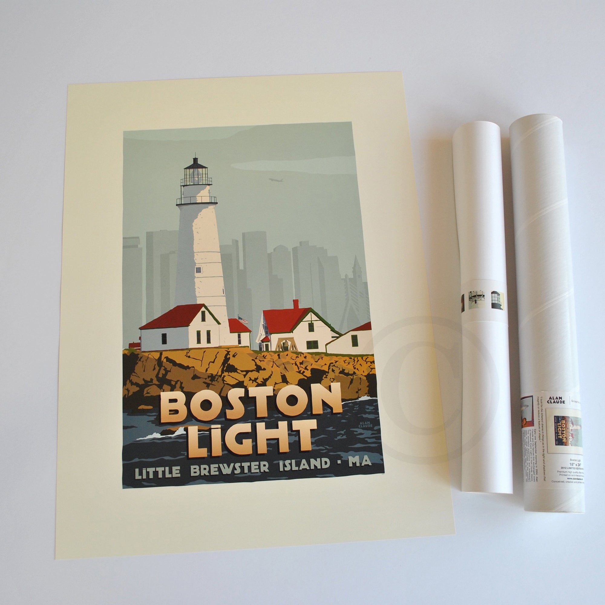 Boston Light Art Print 18" x 24" Travel Poster By Alan Claude - Massachusetts