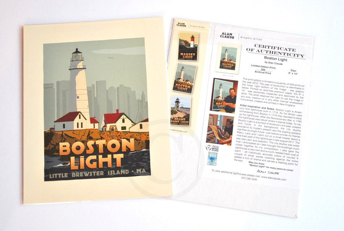 Boston Light Art Print 8" x 10" Travel Poster By Alan Claude - Massachusetts