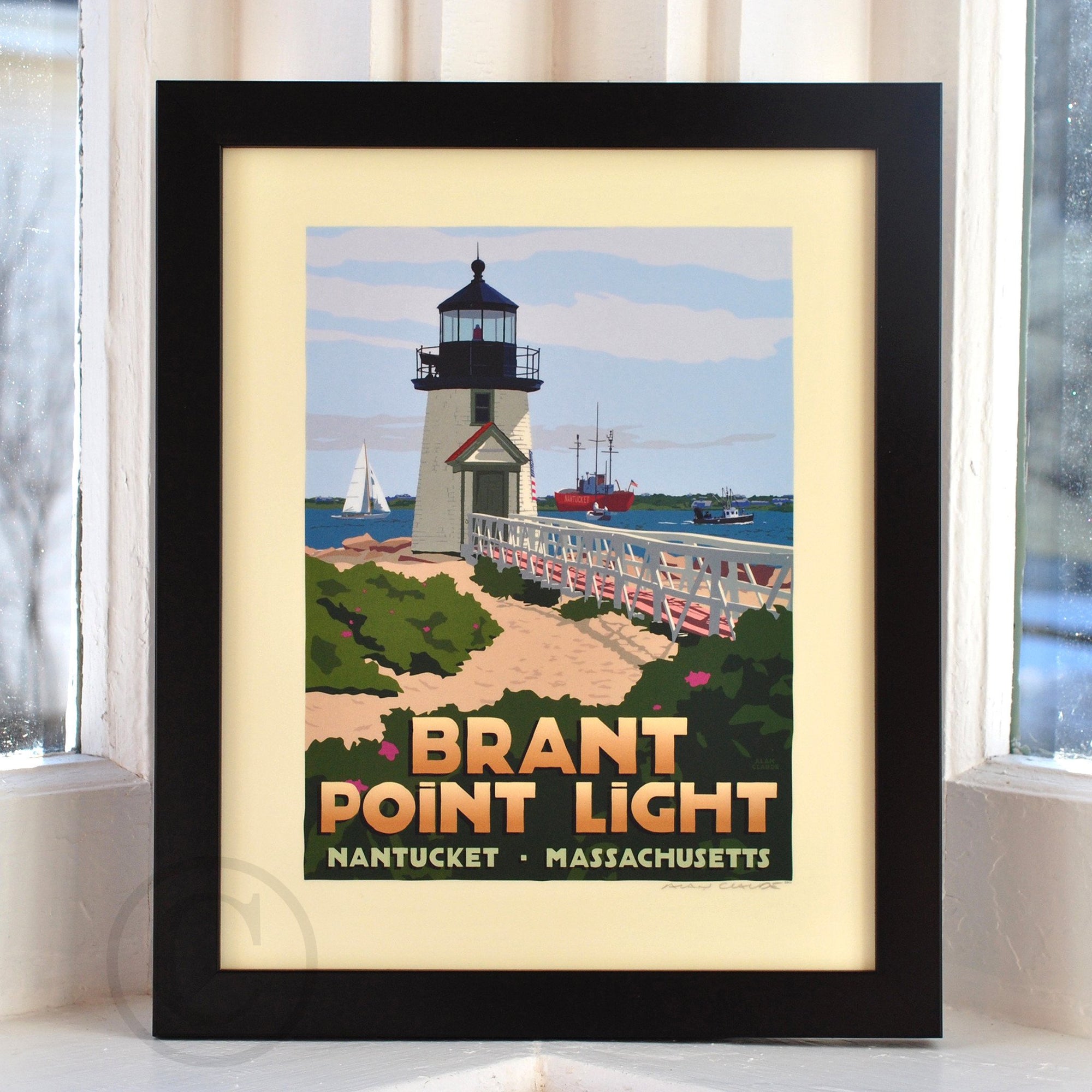 Brant Point Light Art Print 8" x 10" Framed Travel Poster By Alan Claude - Massachusetts