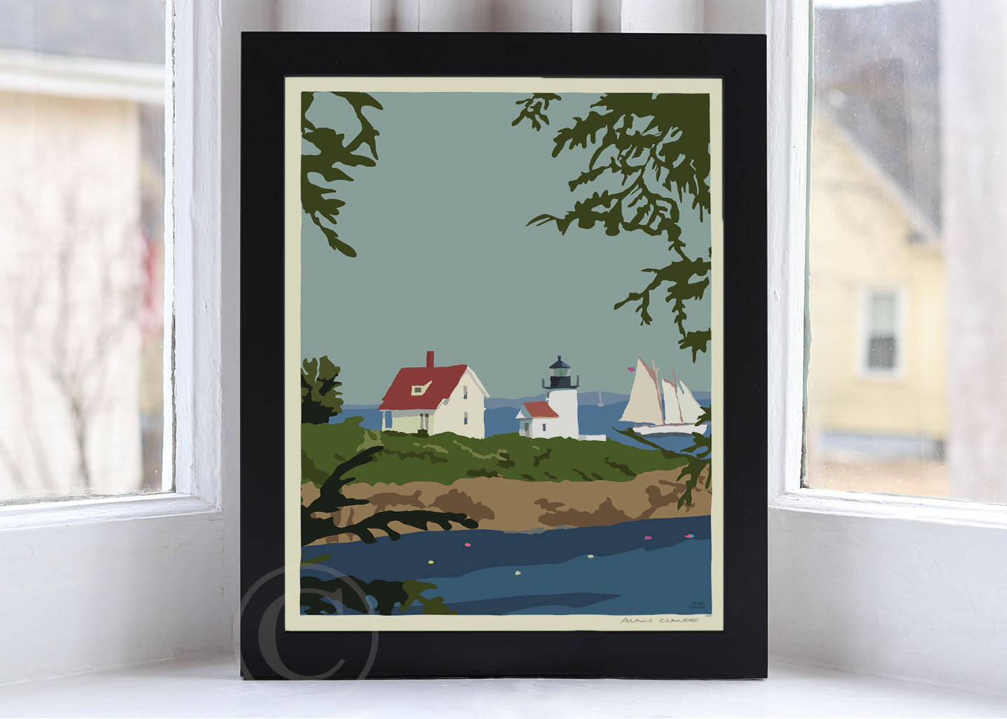 Camden Lighthouse Art Print 8" x 10" Framed Wall Poster By Alan Claude - Maine