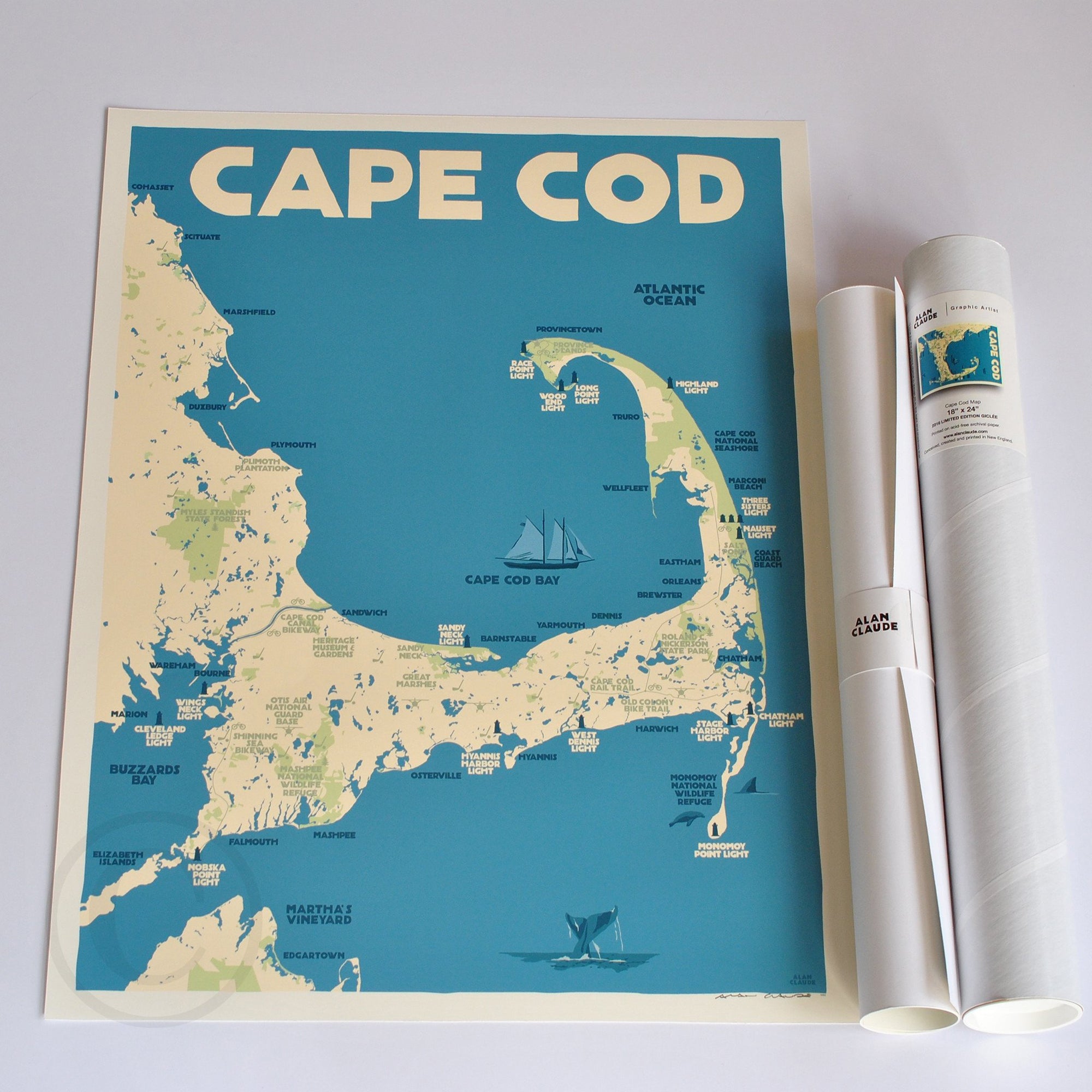 Cape Cod Map Art Print 18" x 24" Travel Poster By Alan Claude - Massachusetts