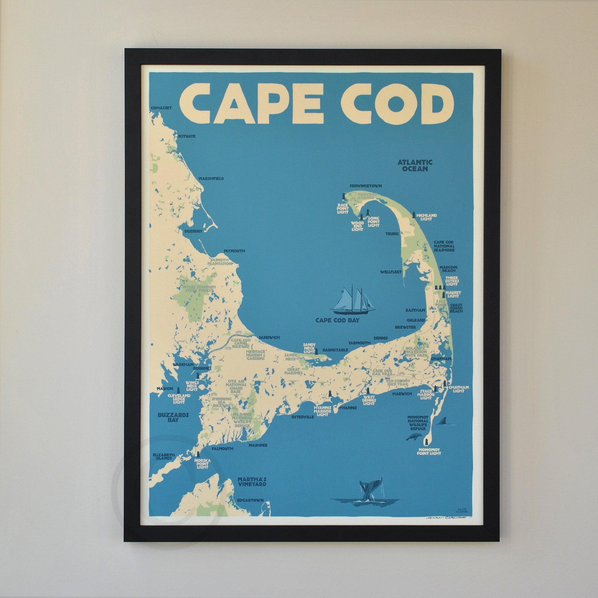 Cape Cod Map Art Print 18" x 24" Framed Travel Poster By Alan Claude - Massachusetts