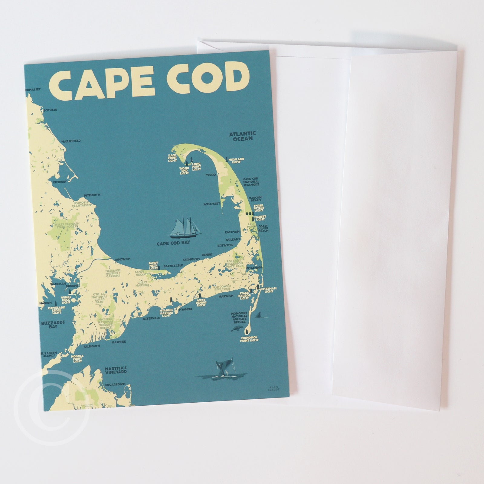 Cape Cod, Massachusetts Map Notecard 5" x 7"  - Massachusetts