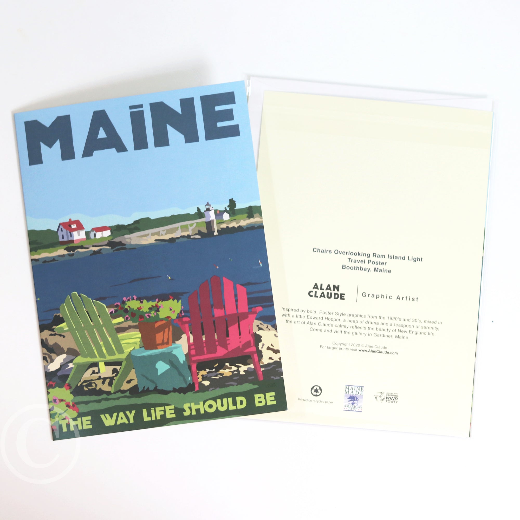 Chairs Overlooking Ram Island with Maine Travel 5" x 7" Notecard - Maine