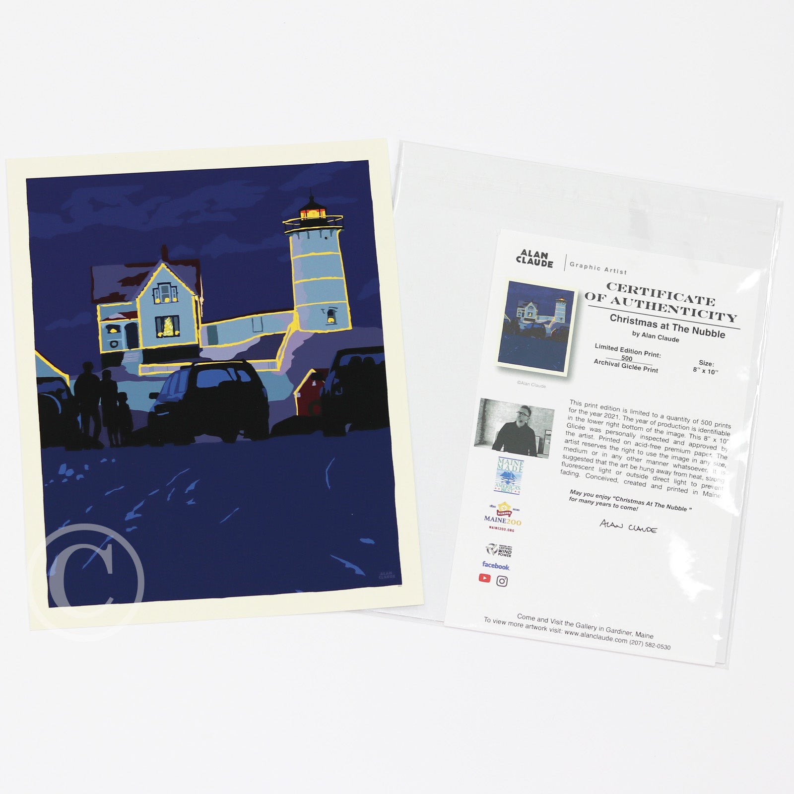 Christmas at the Nubble Art Print 8" x 10" Wall Poster By Alan Claude - Maine