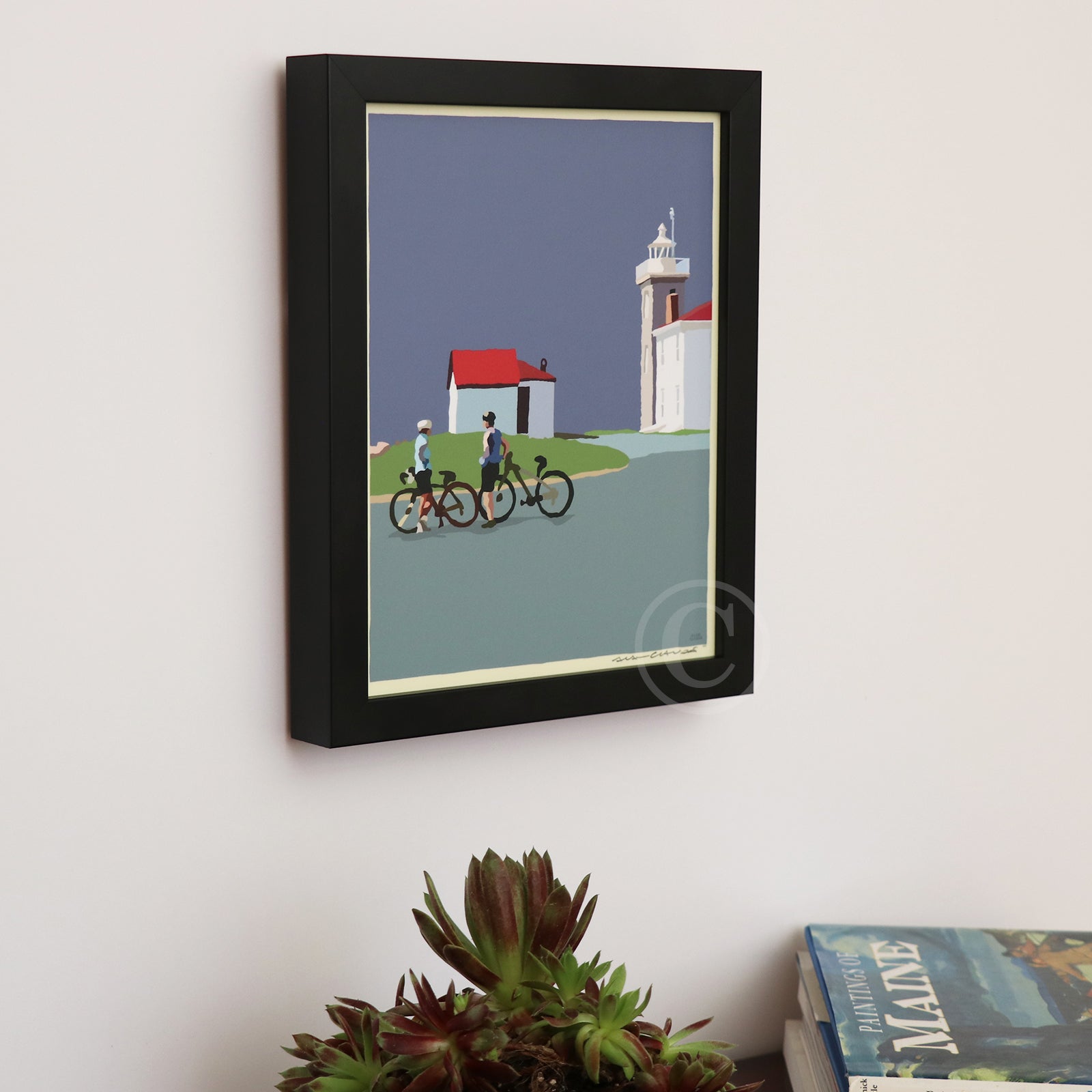 Cyclists at Watch Hill Lighthouse Art Print 8" x 10" Vertical Framed Wall Poster By Alan Claude - Rhode Island