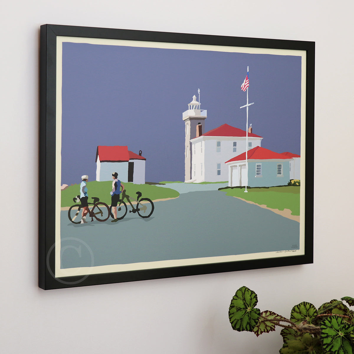 Cyclists at Watch Hill Lighthouse Art Print 18" x 24" Horizontal Framed Wall Poster By Alan Claude - Rhode Island