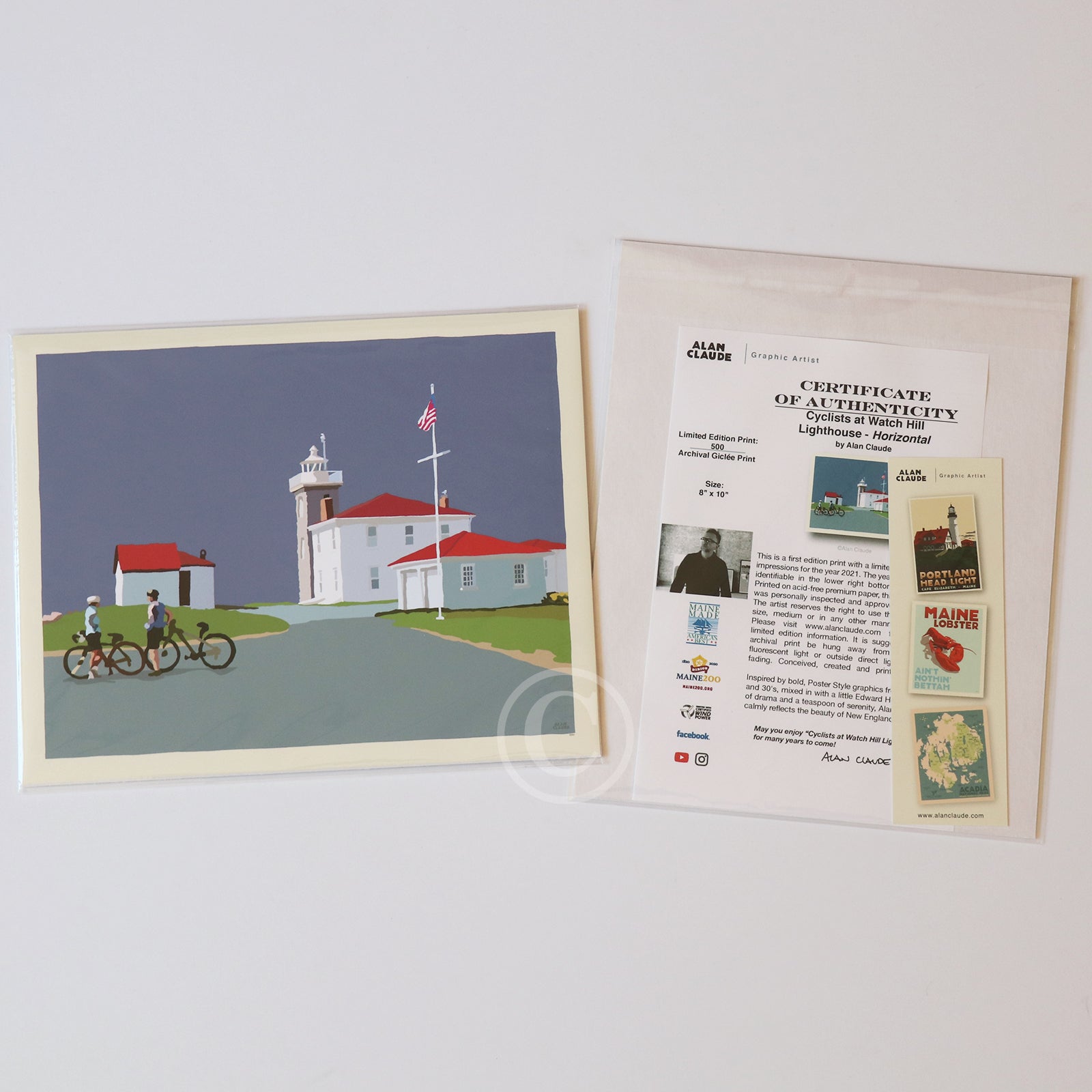 Cyclists at Watch Hill Lighthouse Art Print 8" x 10" Horizontal Wall Poster By Alan Claude - Rhode Island