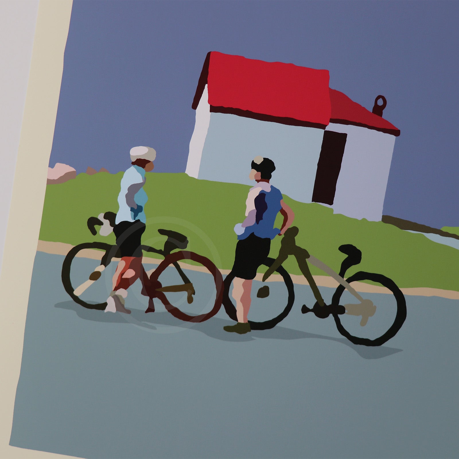 Cyclists at Watch Hill Lighthouse Art Print 18" x 24" Horizontal Wall Poster By Alan Claude - Rhode Island