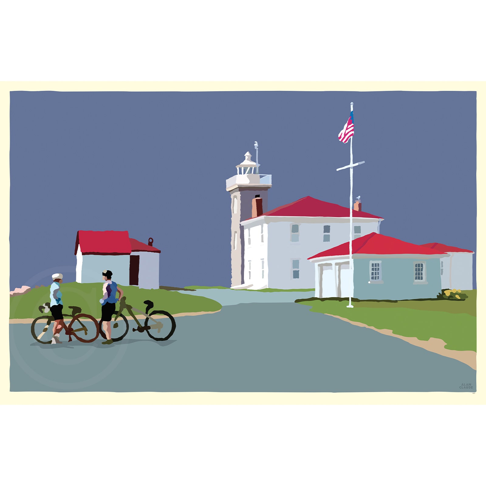 Cyclists at Watch Hill Lighthouse Art Print 24" x 36" Horizontal Wall Poster By Alan Claude - Rhode Island