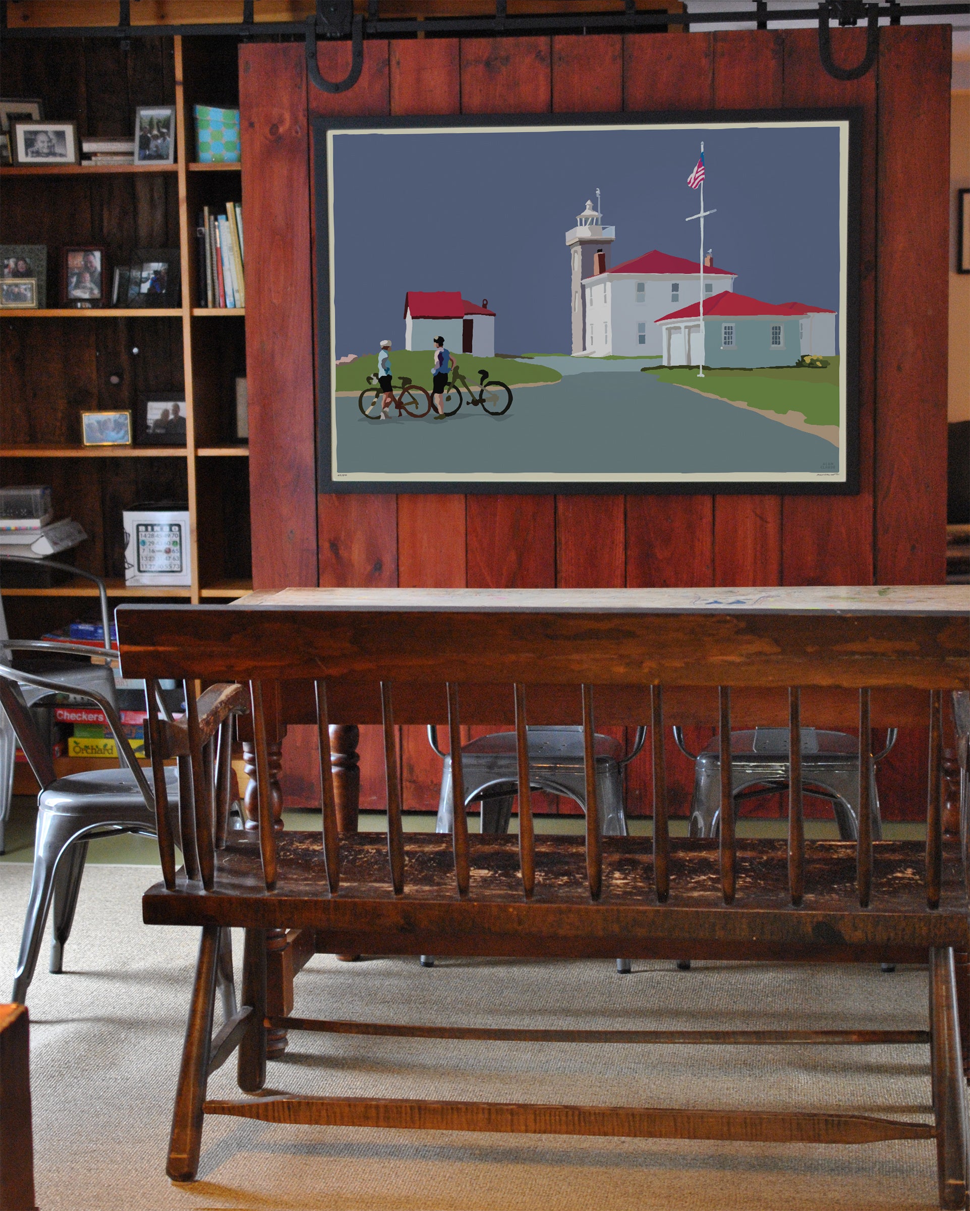 Cyclists at Watch Hill Lighthouse Art Print 36" x 53" Horizontal Framed Wall Poster By Alan Claude - Rhode Island