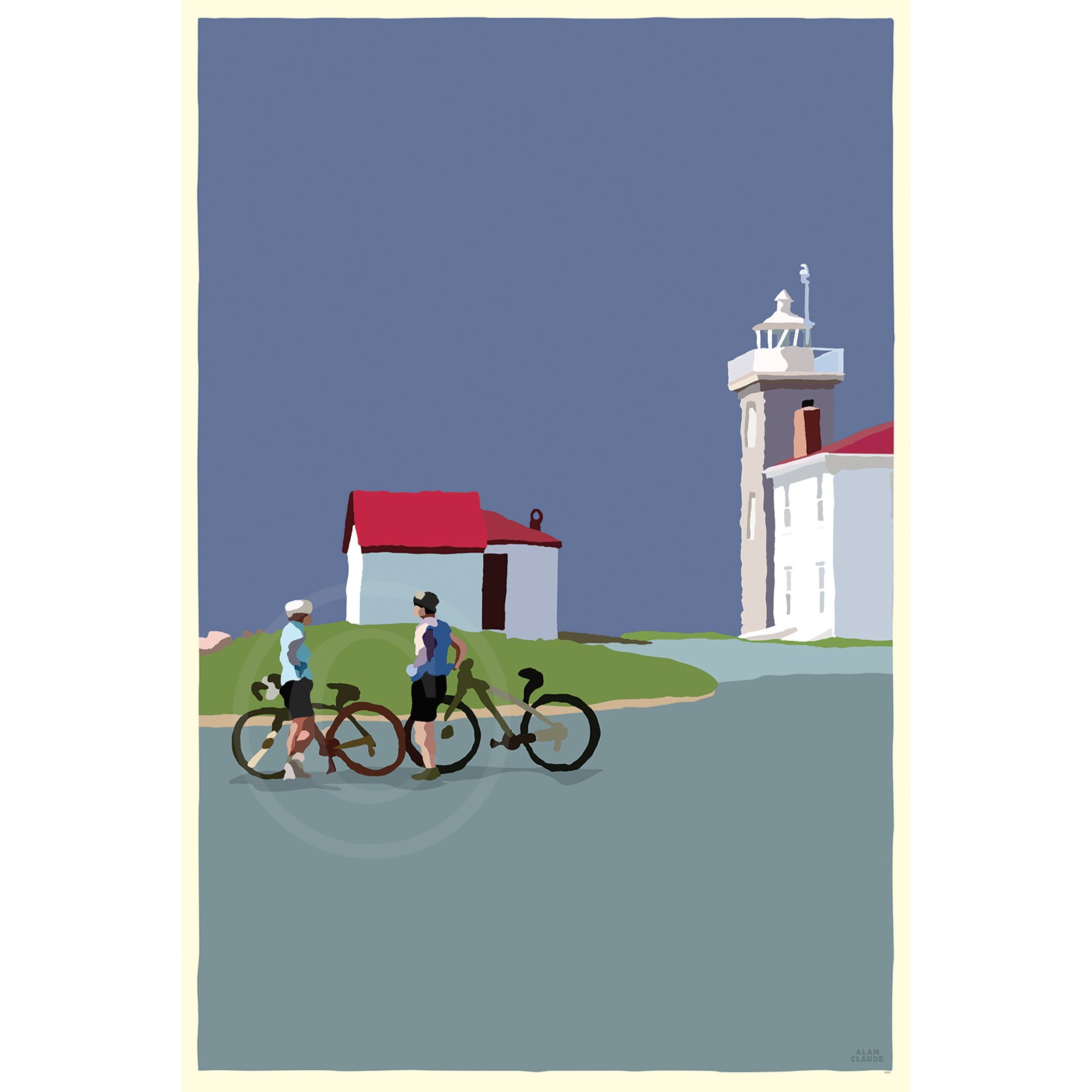 Cyclists at Watch Hill Lighthouse Art Print 24" x 36" Vertical Wall Poster By Alan Claude - Rhode Island