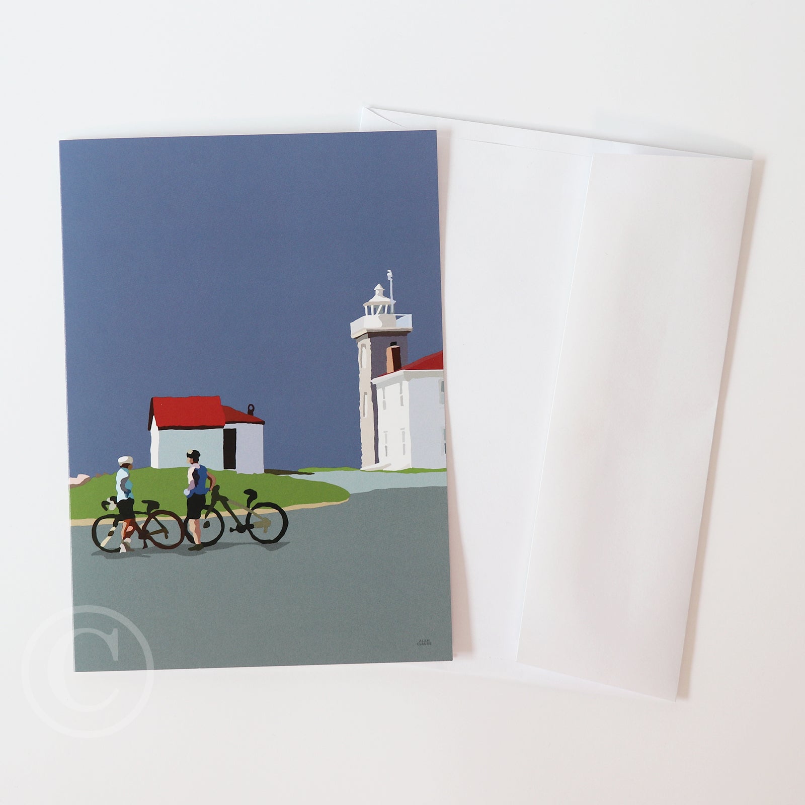 Cyclists at Watch Hill Lighthouse 5" x 7" Notecard - Rhode Island