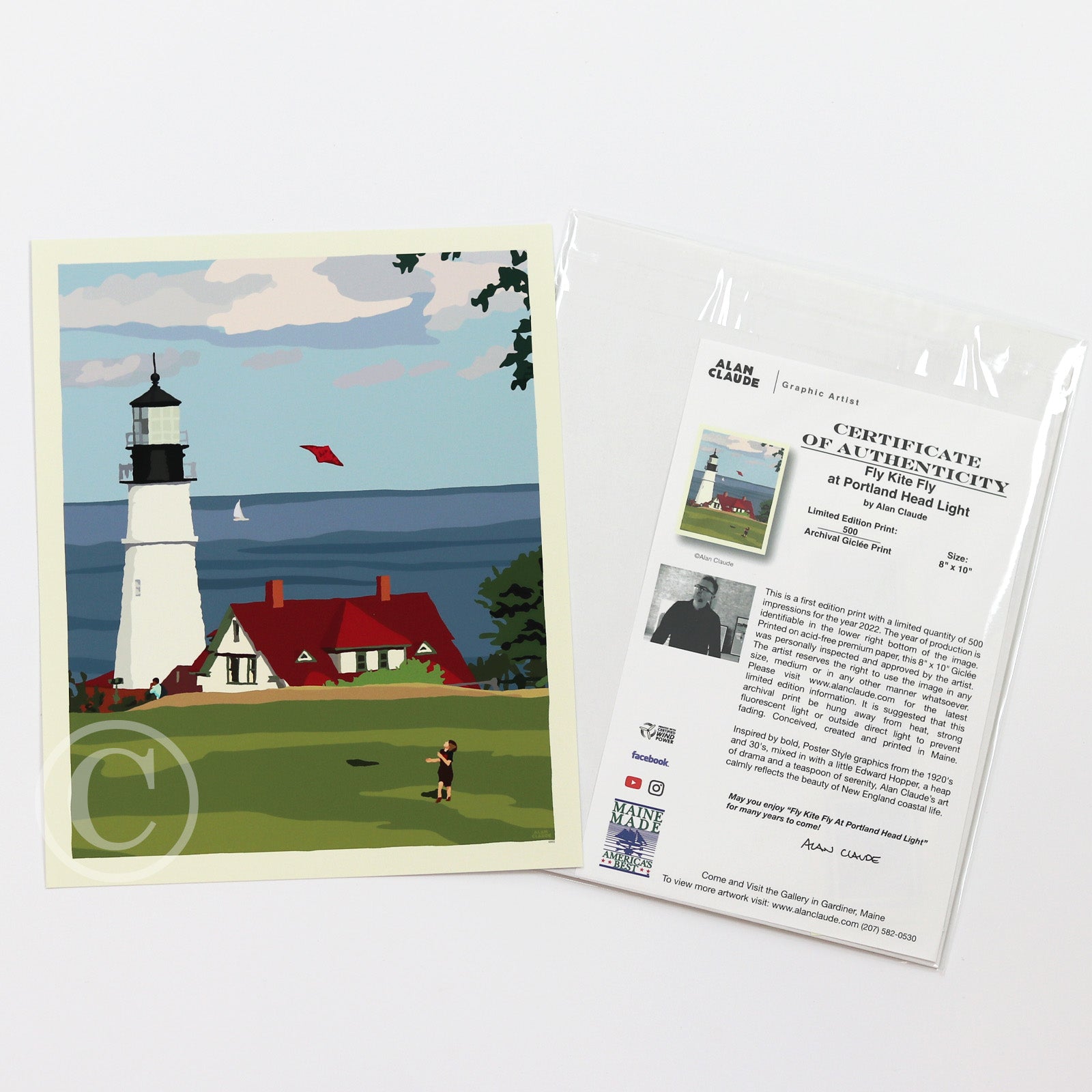 Fly Kite Fly at Portland Head Light Art Print 8" x 10" Wall Poster By Alan Claude - Maine