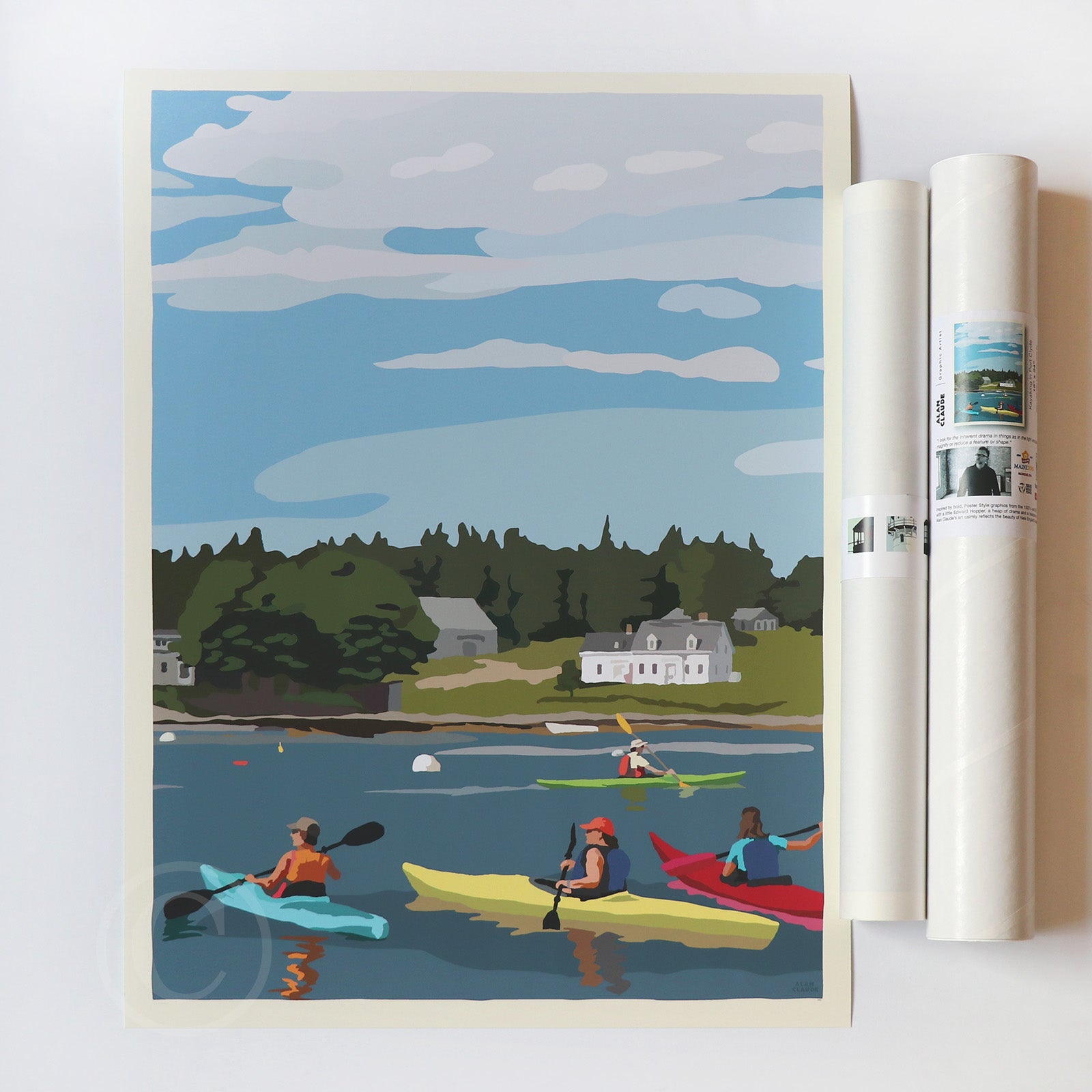 Kayaking in Port Clyde Art Print 18" x 24" Wall Poster By Alan Claude - Maine