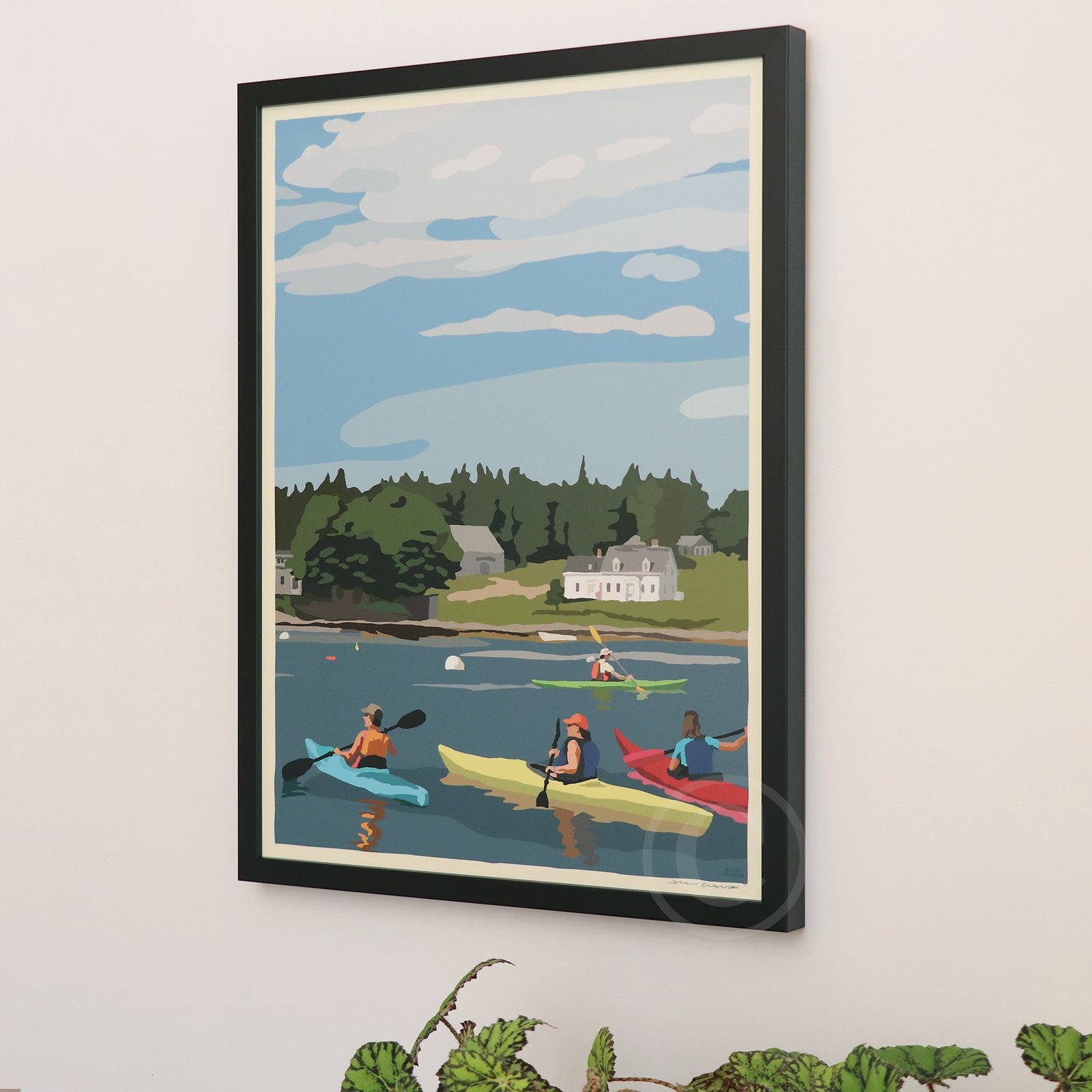 Kayaking in Port Clyde Art Print 18" x 24" Framed Wall Poster By Alan Claude - Maine