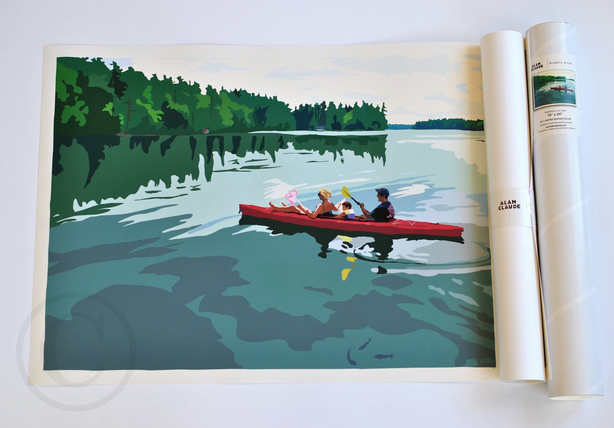 Kayaking on a Lake Art Print 18" x 24" Wall Poster By Alan Claude - Maine