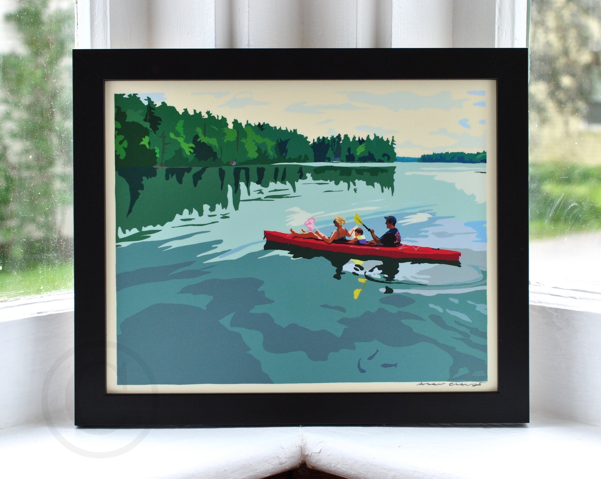 Kayaking on a Lake Art Print 8" x 10" Horizontal Framed Wall Poster By Alan Claude - Maine