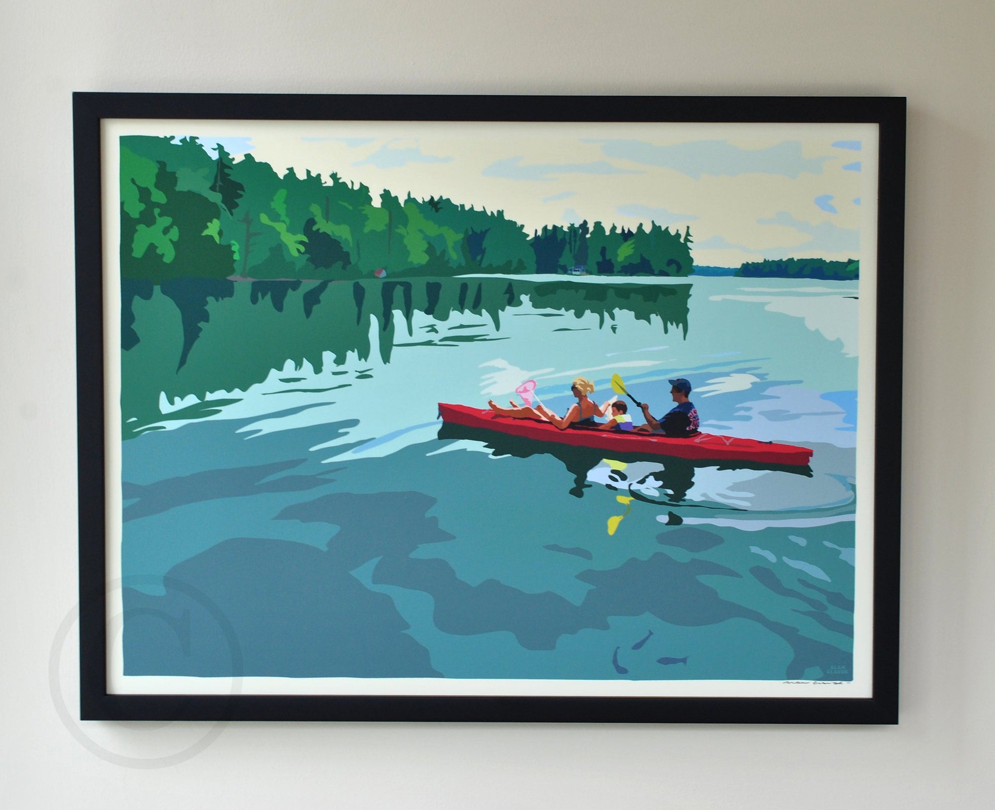 Kayaking on a Lake Art Print 18" x 24" Horizontal Framed Wall Poster By Alan Claude - Maine