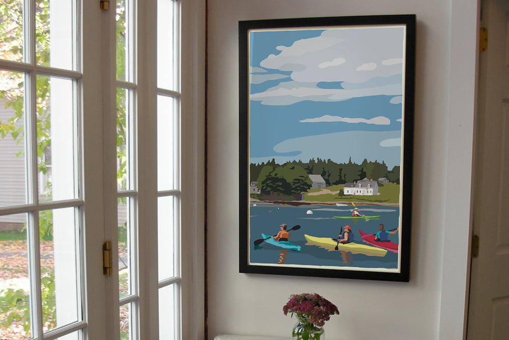 Kayaking in Port Clyde Art Print 24" x 36" Framed Wall Poster By Alan Claude - Maine
