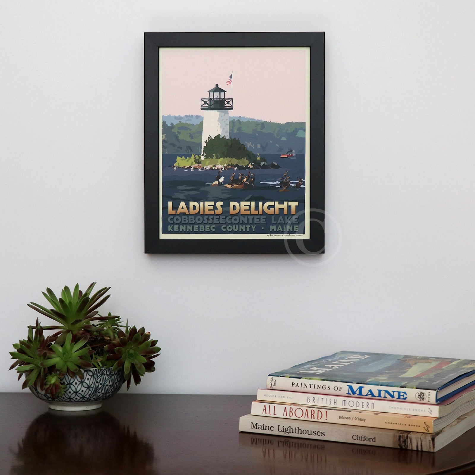 Sunset at Ladies Delight Lighthouse Art Print 8" x 10" Framed Travel Poster By Alan Claude - Maine
