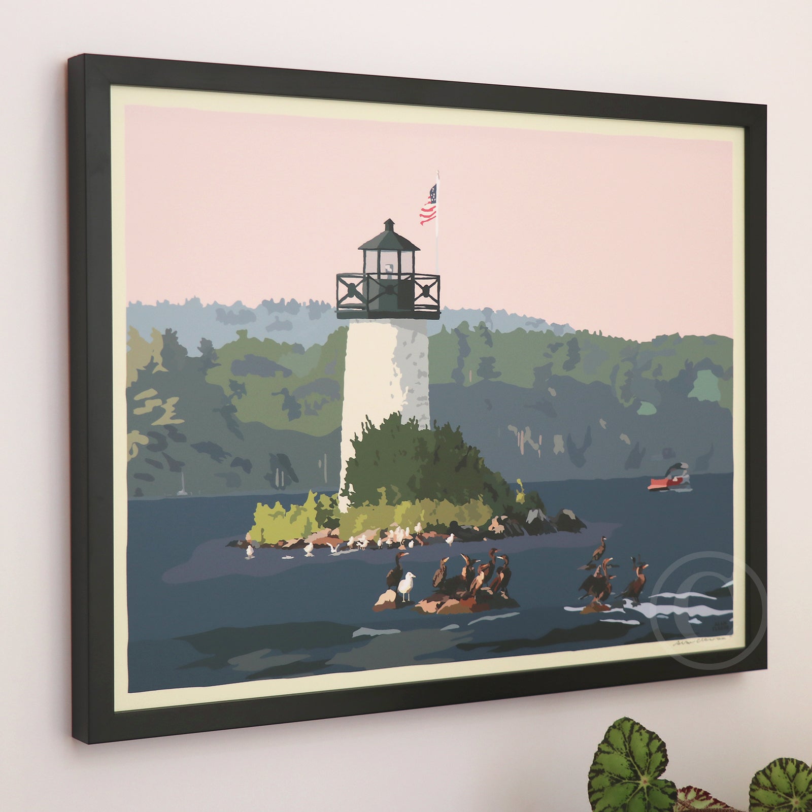 Sunset at Ladies Delight Lighthouse Art Print 18" x 24” Horizontal Framed Wall Poster By Alan Claude - Maine