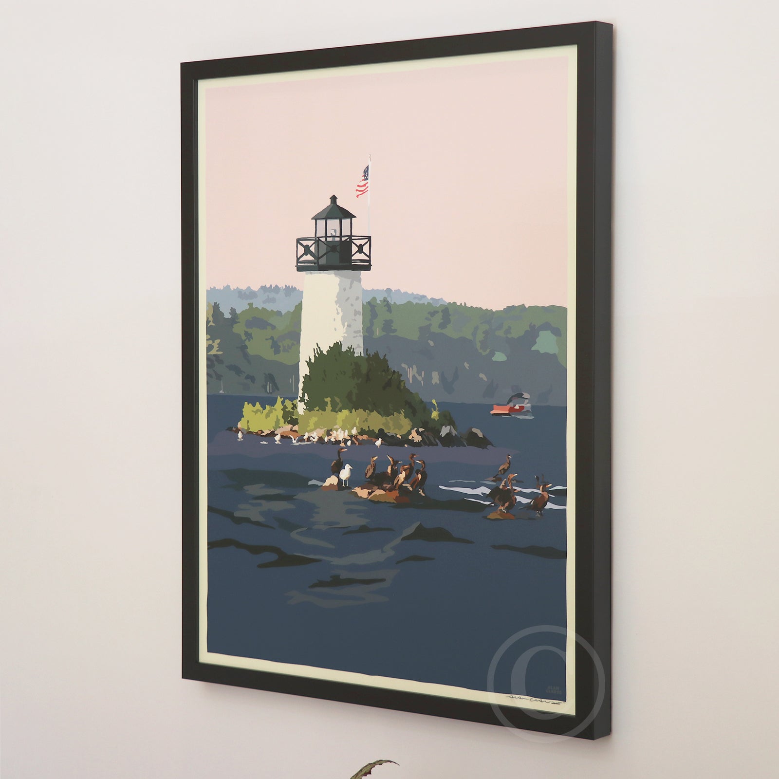 Sunset at Ladies Delight Lighthouse Art Print 18" x 24” Vertical Framed Wall Poster By Alan Claude - Maine