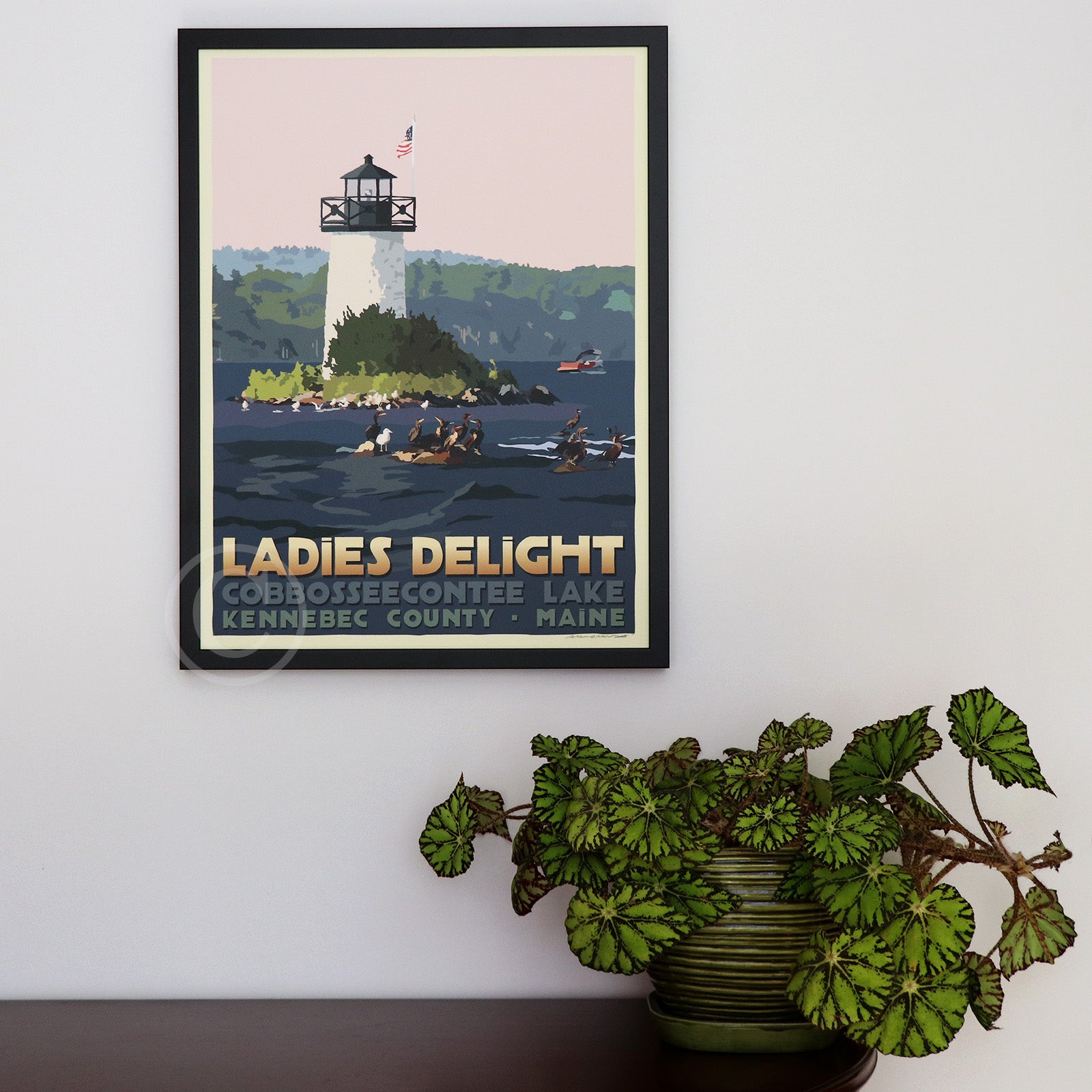 Sunset at Ladies Delight Lighthouse Framed Art Print 18" x 24” Travel Poster By Alan Claude - Maine