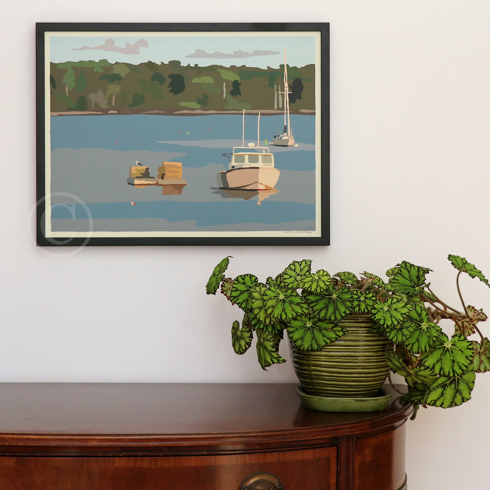 Lobster Boat in Round Pond Harbor Art Print 18" x 24” Horizontal Framed Wall Poster By Alan Claude - Maine
