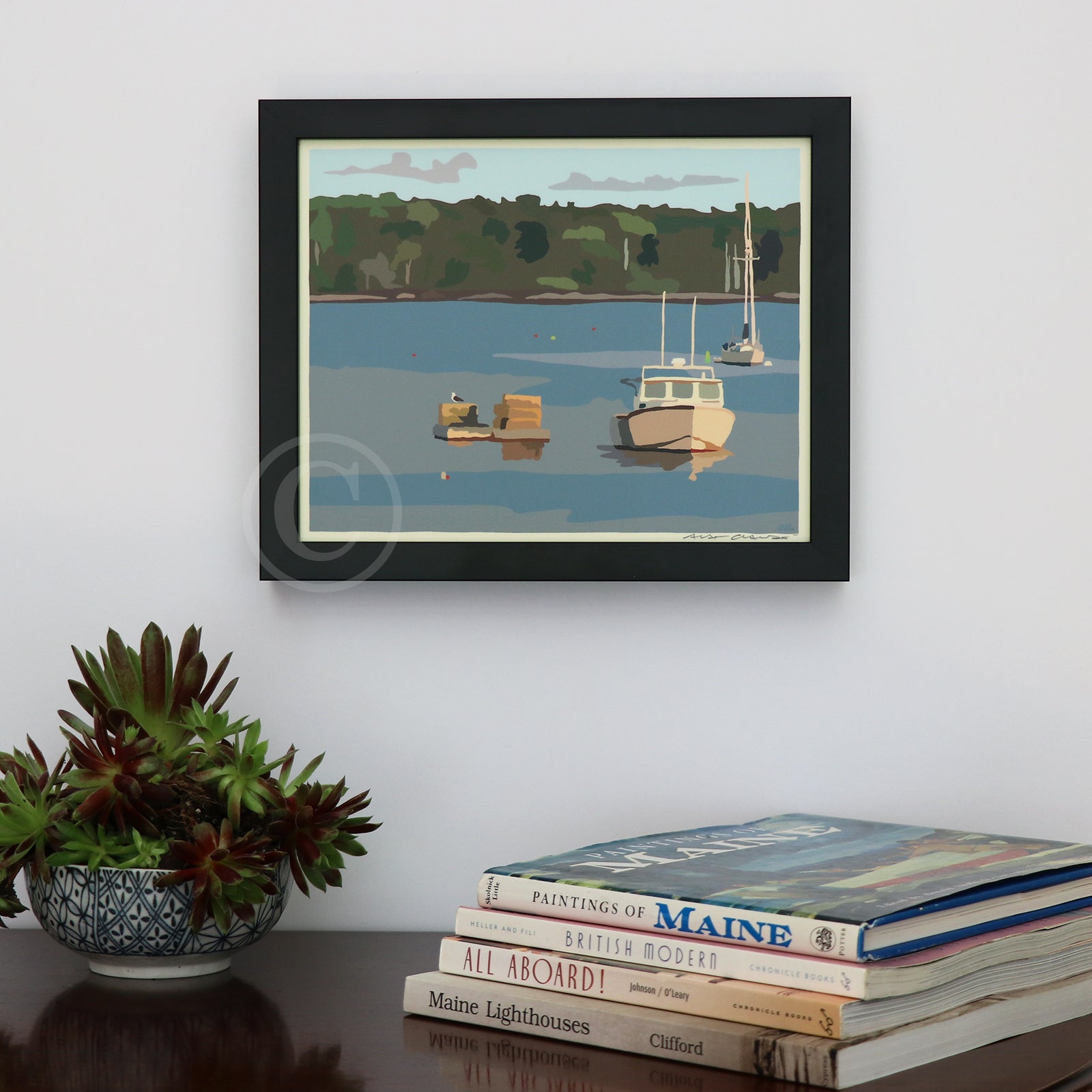 Lobster Boat in Round Pond Harbor Art Print 8" x 10" Horizontal Framed Wall Poster By Alan Claude - Maine