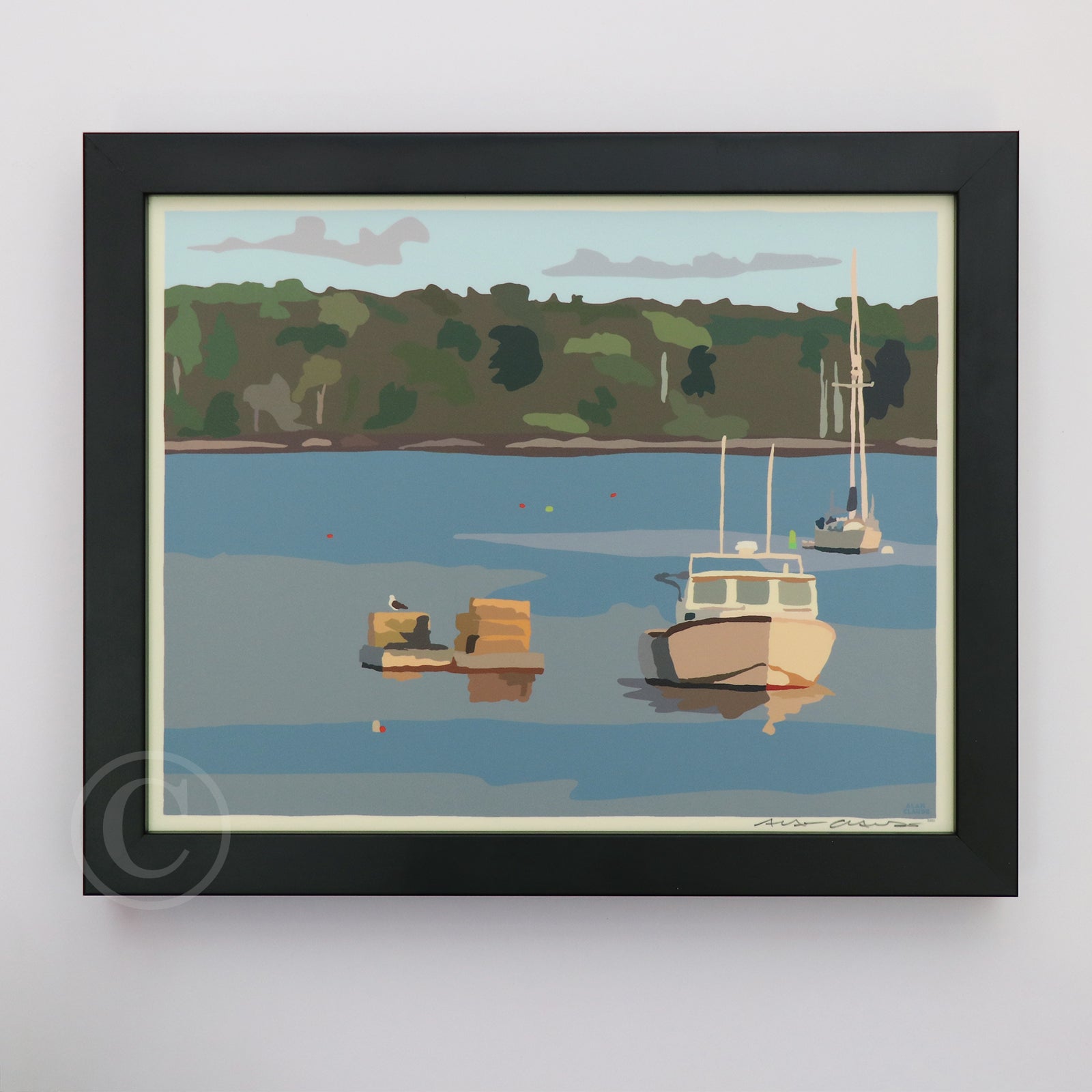Lobster Boat in Round Pond Harbor Art Print 8" x 10" Horizontal Framed Wall Poster By Alan Claude - Maine