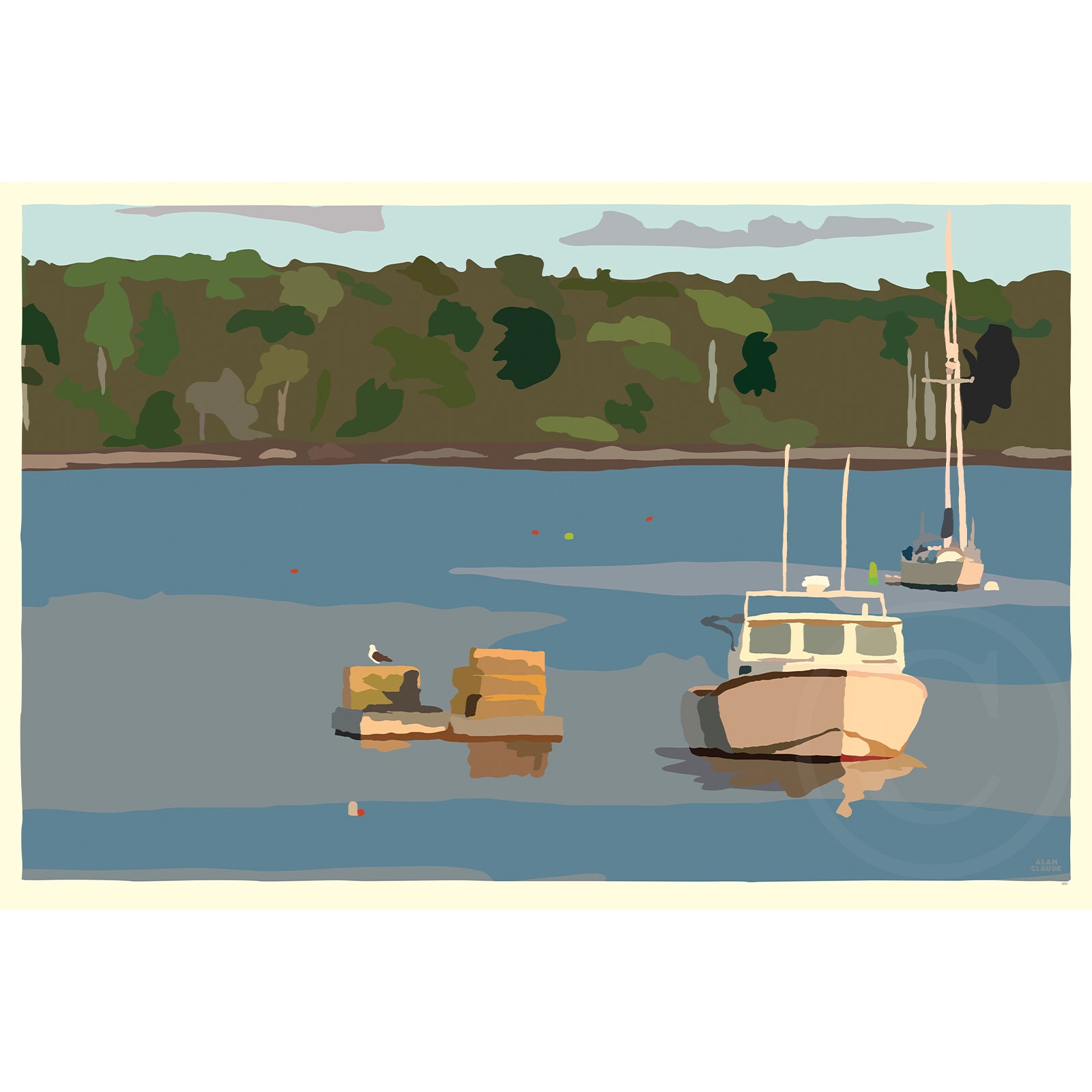 Lobster Boat in Round Pond Harbor Art Print 24" x 36” Horizontal Wall Poster By Alan Claude - Maine