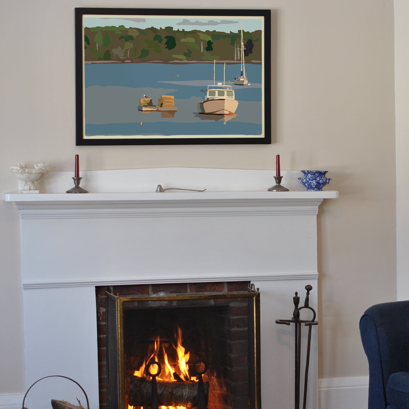 Lobster Boat in Round Pond Harbor Art Print 24" x 36" Horizontal Framed Wall Poster By Alan Claude - Maine