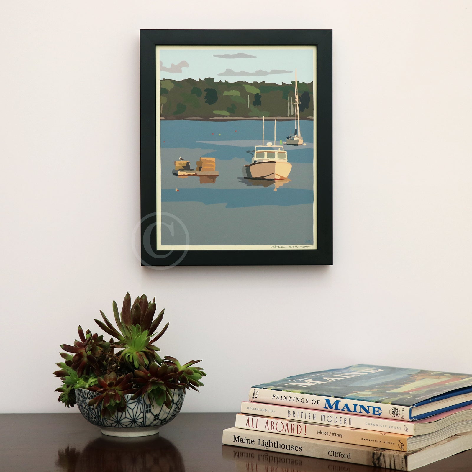 Lobster Boat in Round Pond Harbor Art Print Harbor 8" x 10" Vertical Framed Wall Poster By Alan Claude - Maine