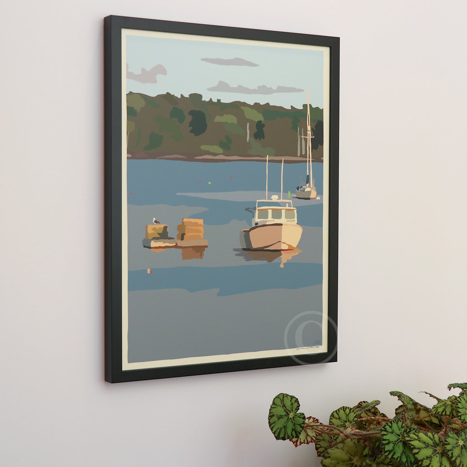 Lobster Boat in Round Pond Harbor Art Print 18" x 24” Vertical Framed Wall Poster By Alan Claude - Maine